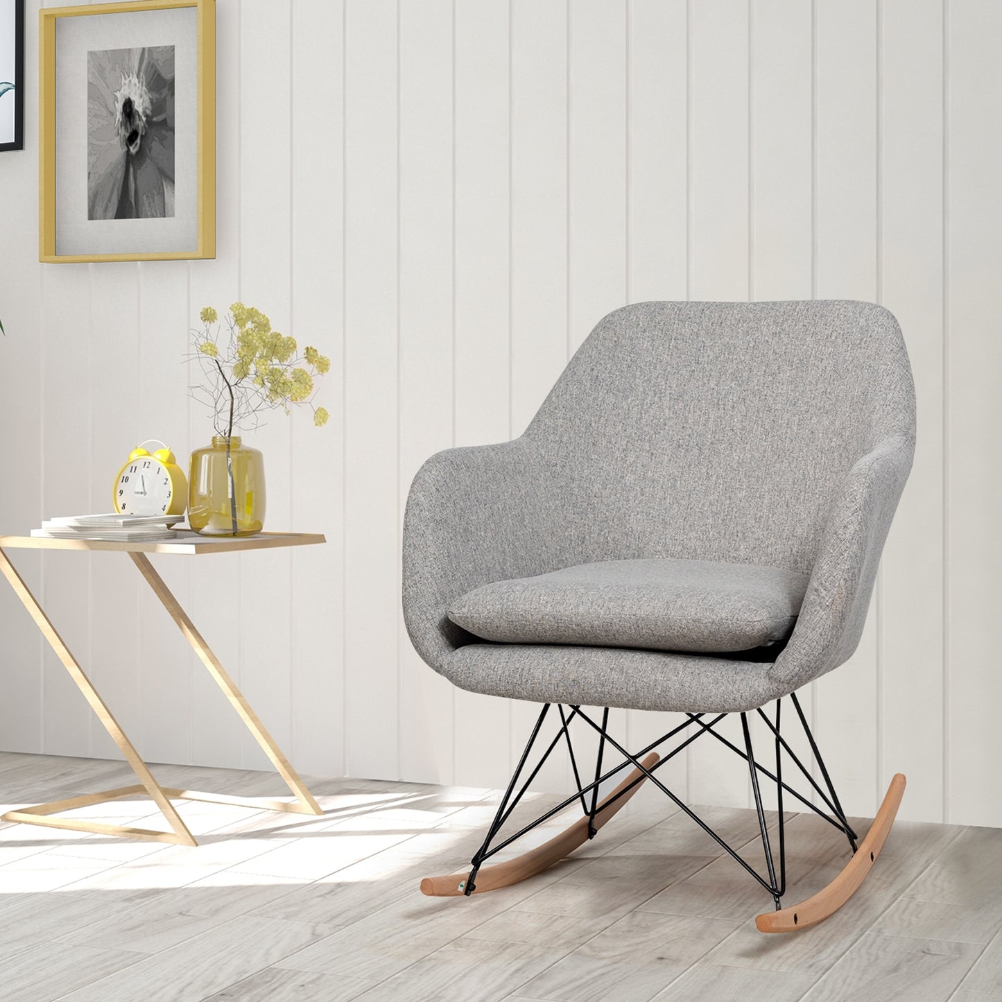 Contemporary Linen Rocking Chair with Padded Seat and Beech Wood Legs