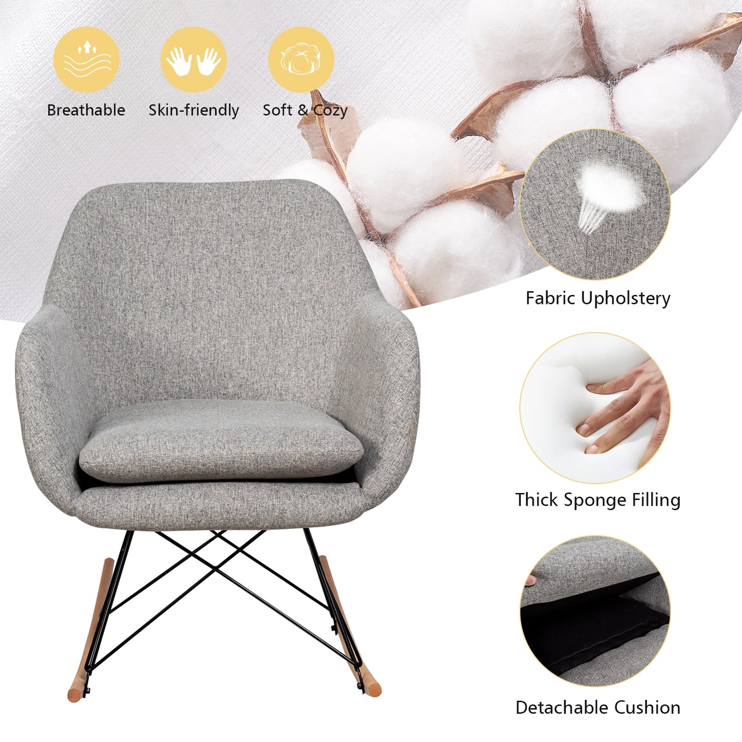 Contemporary Linen Rocking Chair with Padded Seat and Beech Wood Legs