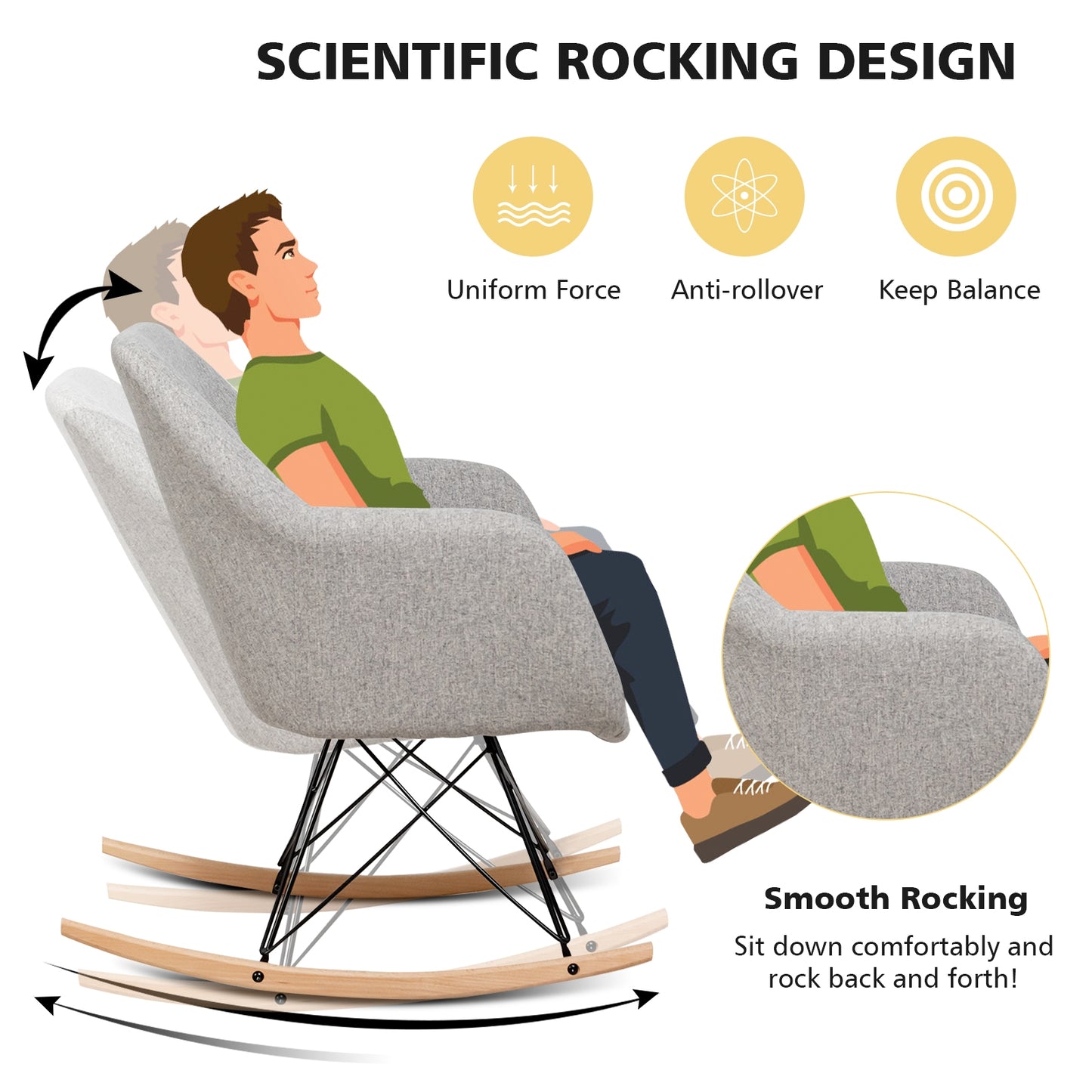 Contemporary Linen Rocking Chair with Padded Seat and Beech Wood Legs