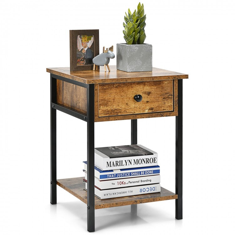 End Table with Drawer and Shelf – Industrial Nightstand, Rustic Brown
