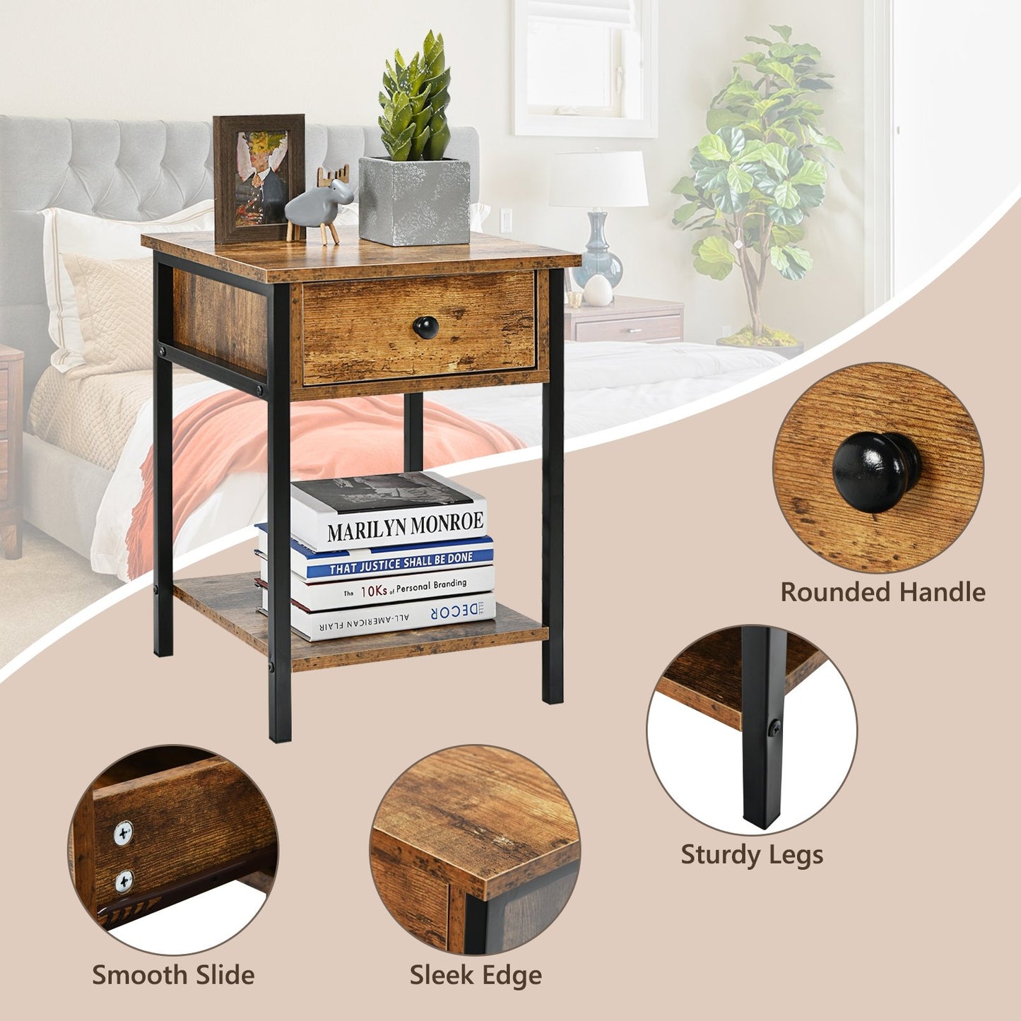 End Table with Drawer and Shelf – Industrial Nightstand, Rustic Brown
