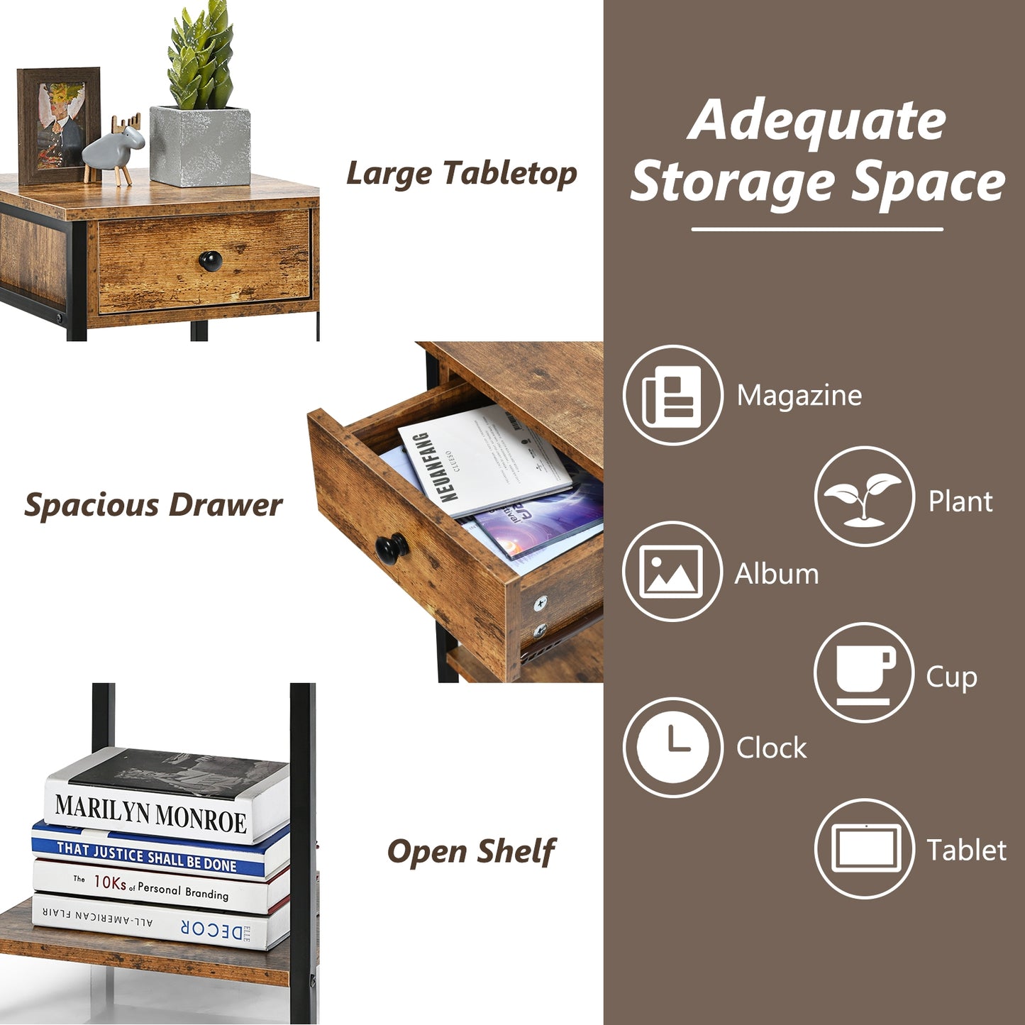 End Table with Drawer and Shelf – Industrial Nightstand, Rustic Brown