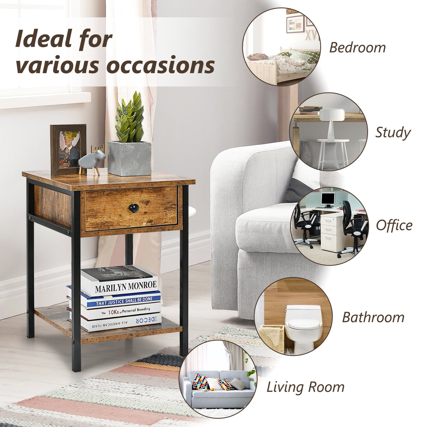 End Table with Drawer and Shelf – Industrial Nightstand, Rustic Brown