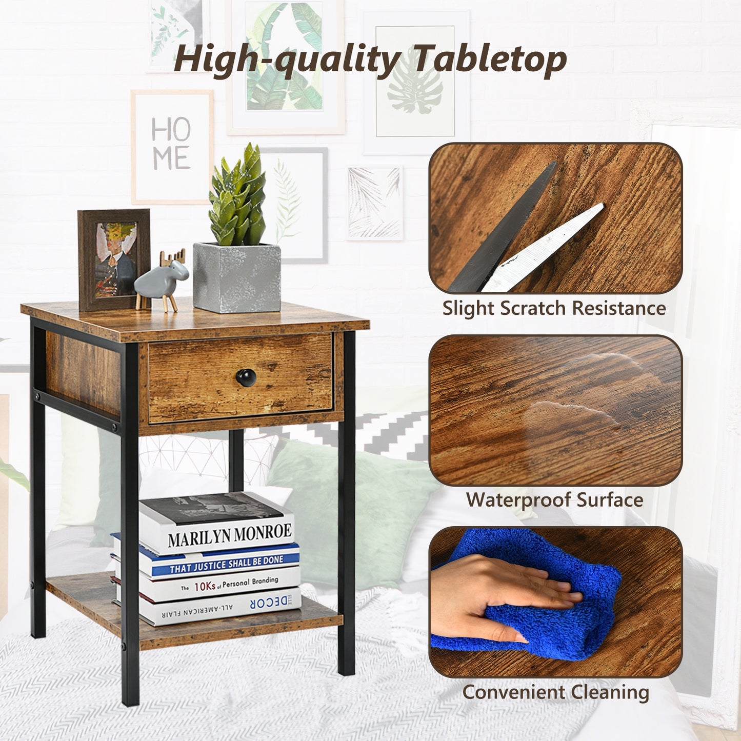 End Table with Drawer and Shelf – Industrial Nightstand, Rustic Brown