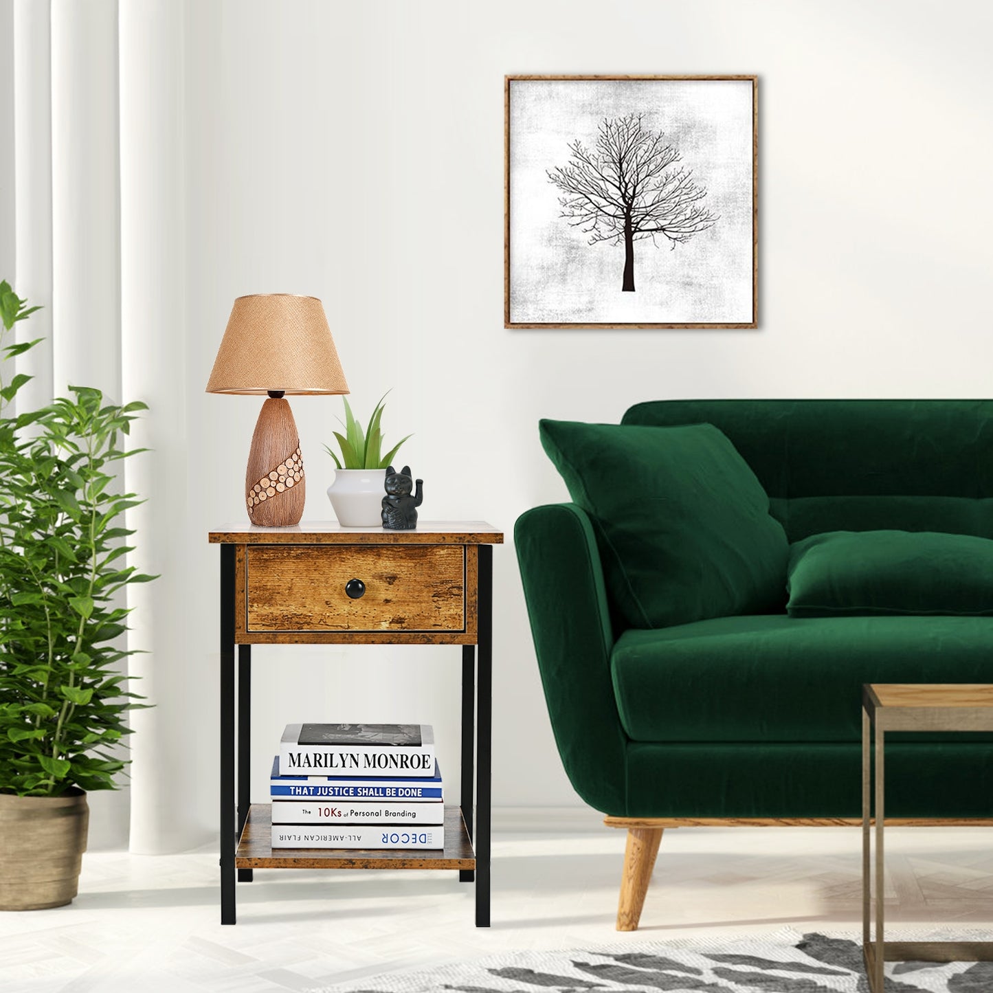 End Table with Drawer and Shelf – Industrial Nightstand, Rustic Brown