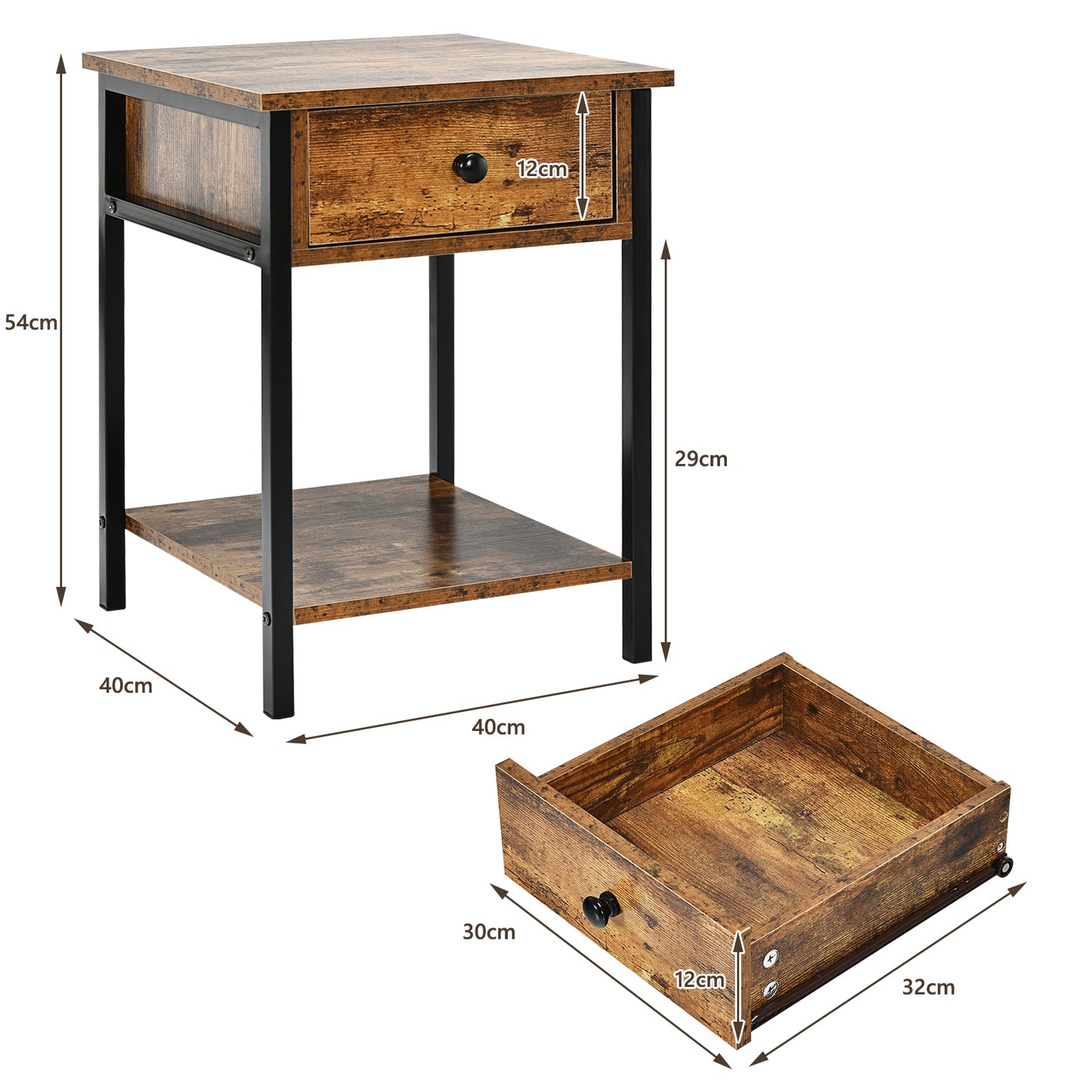 End Table with Drawer and Shelf – Industrial Nightstand, Rustic Brown