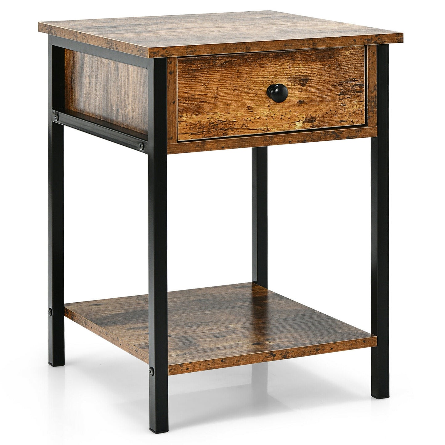 End Table with Drawer and Shelf – Industrial Nightstand, Rustic Brown