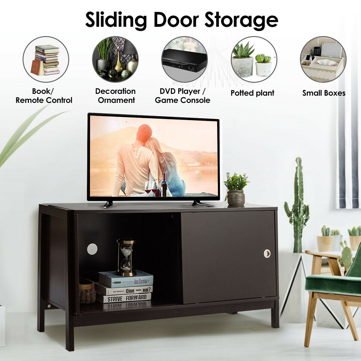 Durable Wood TV Cabinet with Sliding Doors for Flat Screen TVs up to 50 Inch