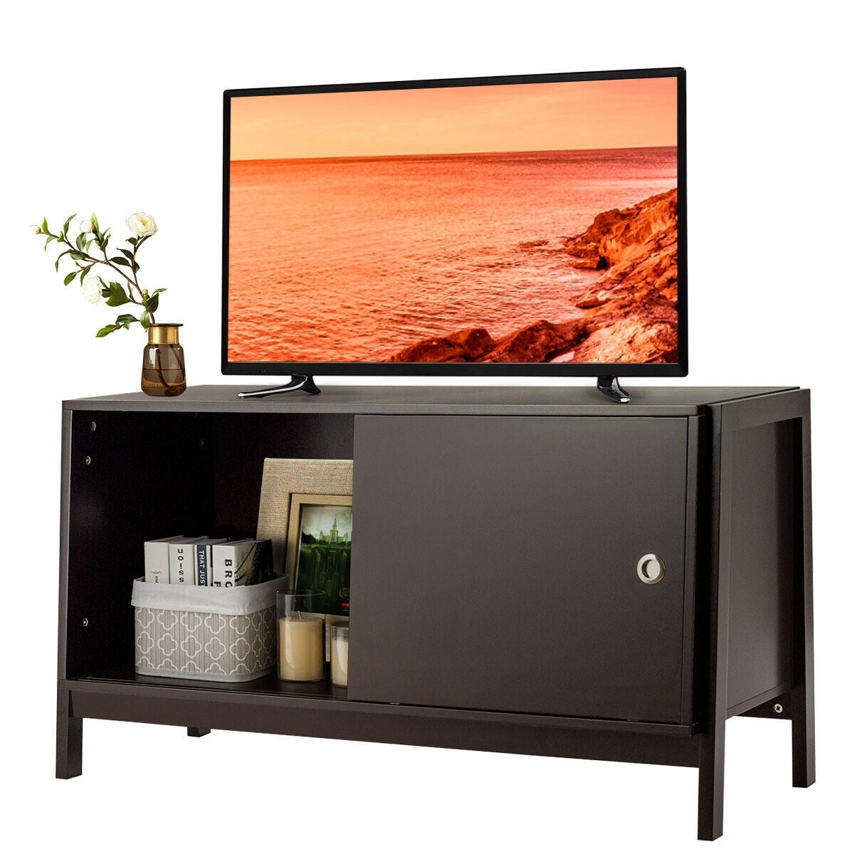 Durable Wood TV Cabinet with Sliding Doors for Flat Screen TVs up to 50 Inch