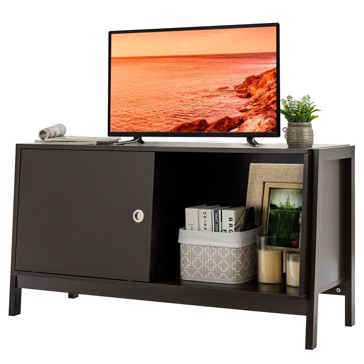 Durable Wood TV Cabinet with Sliding Doors for Flat Screen TVs up to 50 Inch