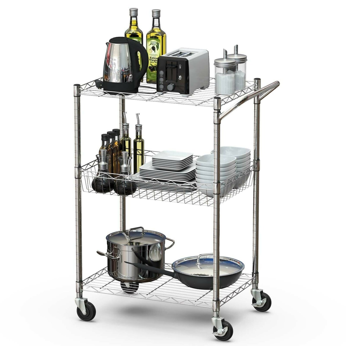 Adjustable 3-Tier Rolling Utility Cart with Handle and Locking Wheels
