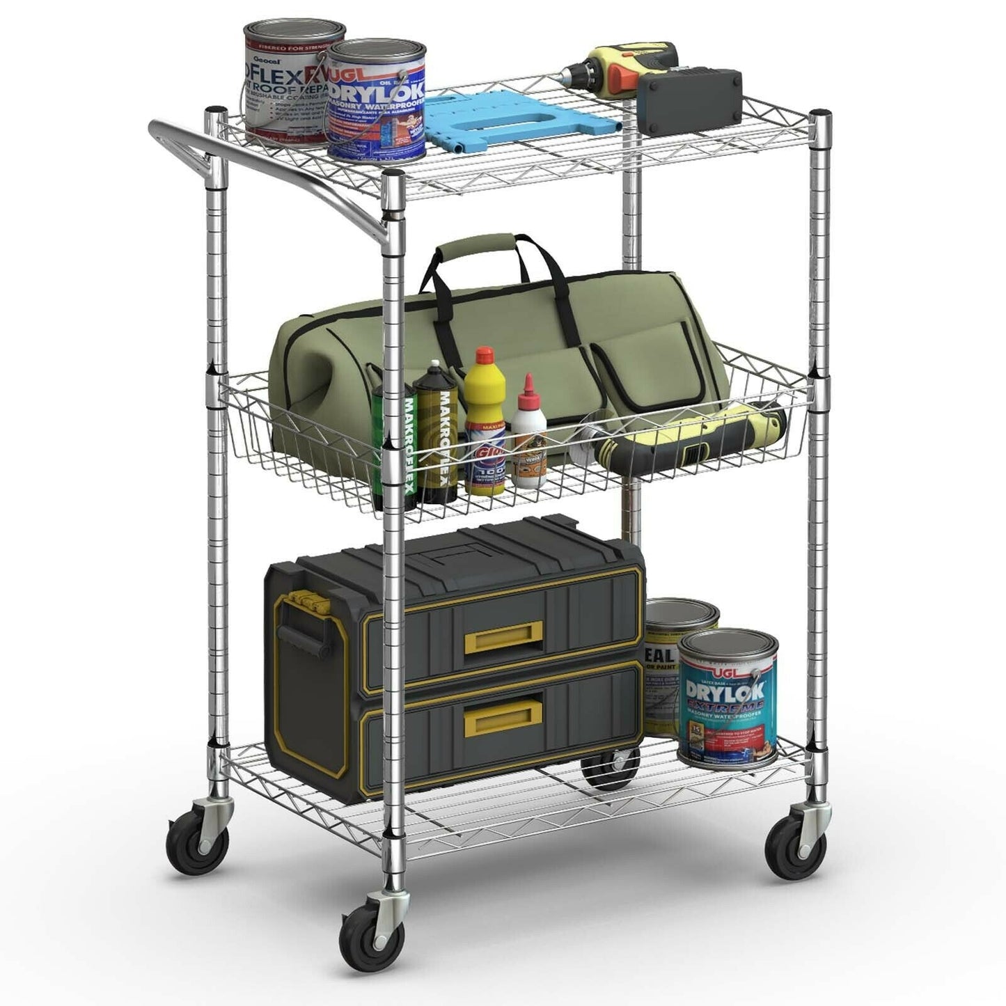 Adjustable 3-Tier Rolling Utility Cart with Handle and Locking Wheels