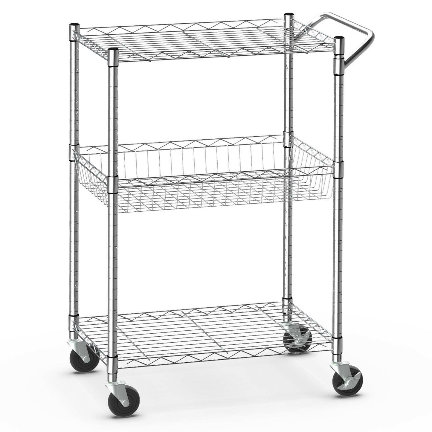Adjustable 3-Tier Rolling Utility Cart with Handle and Locking Wheels
