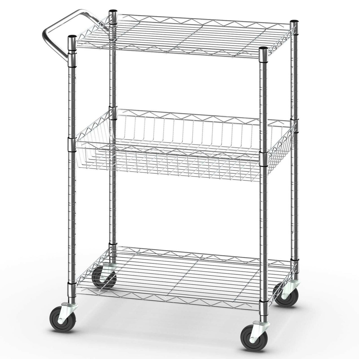 Adjustable 3-Tier Rolling Utility Cart with Handle and Locking Wheels