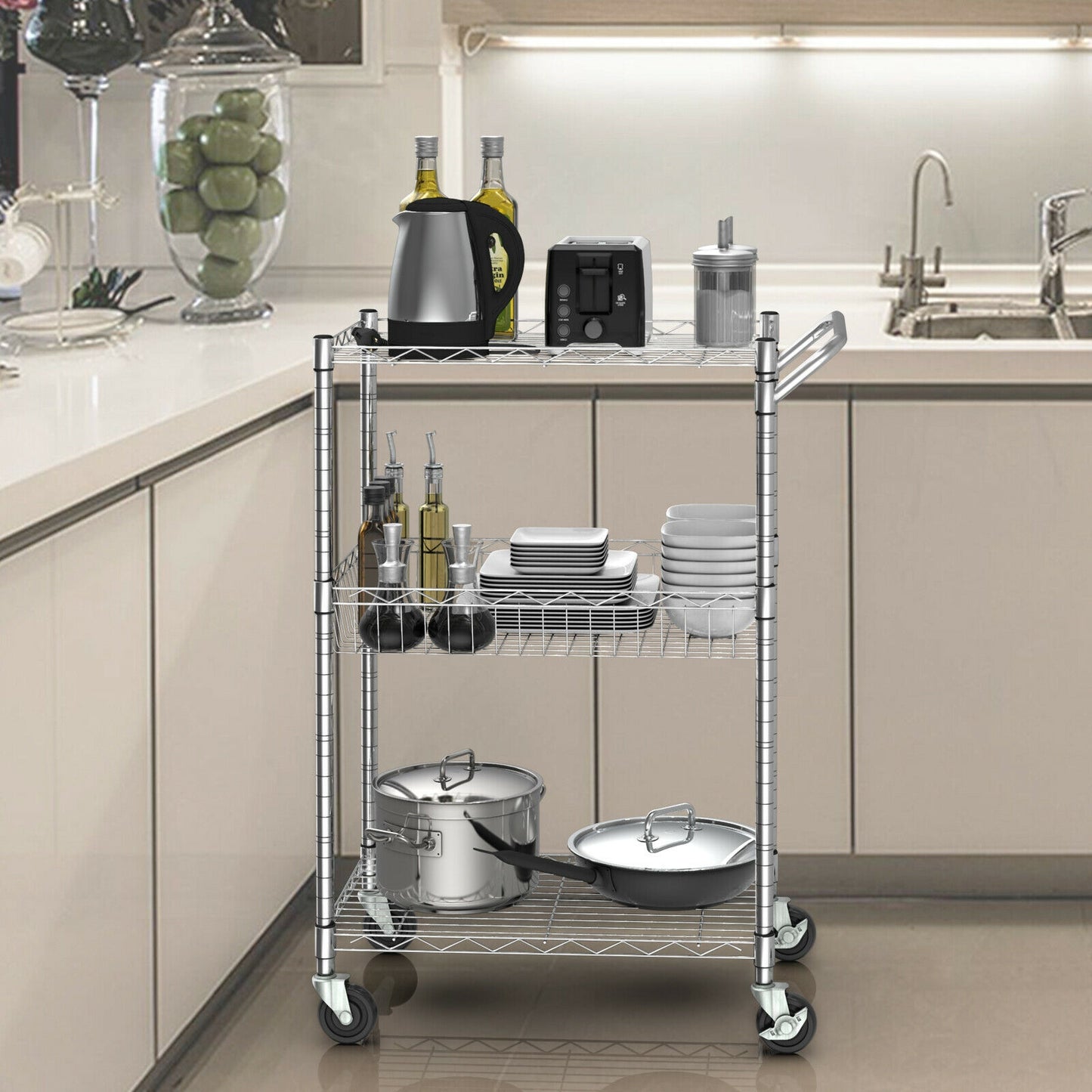 Adjustable 3-Tier Rolling Utility Cart with Handle and Locking Wheels