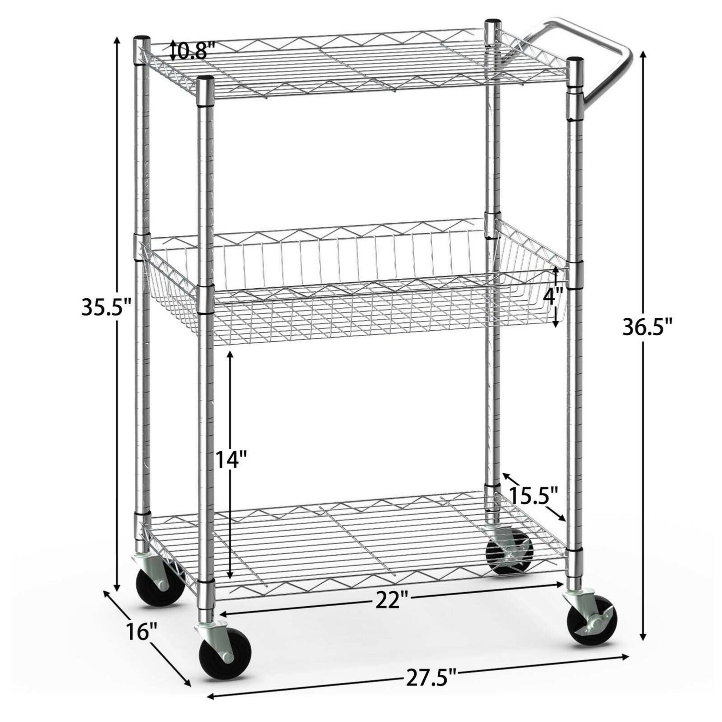 Adjustable 3-Tier Rolling Utility Cart with Handle and Locking Wheels