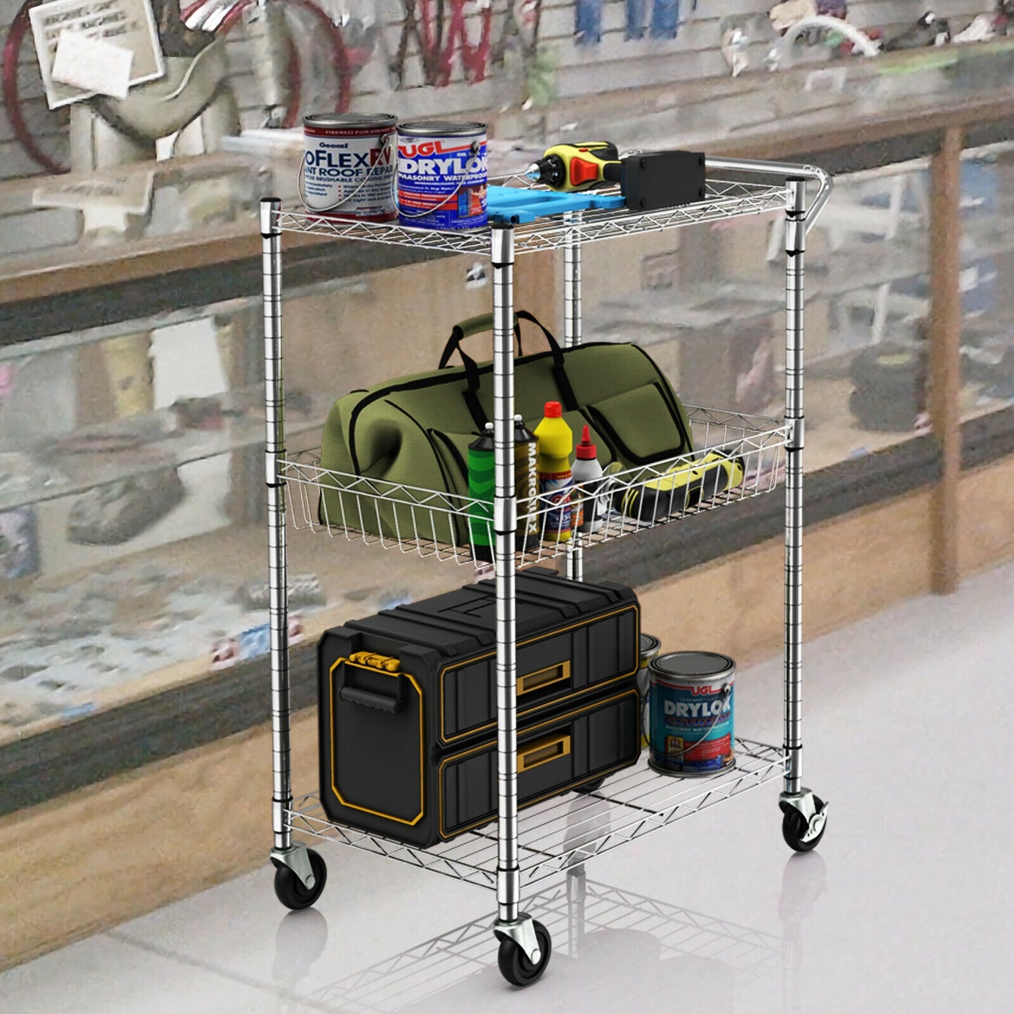 Adjustable 3-Tier Rolling Utility Cart with Handle and Locking Wheels
