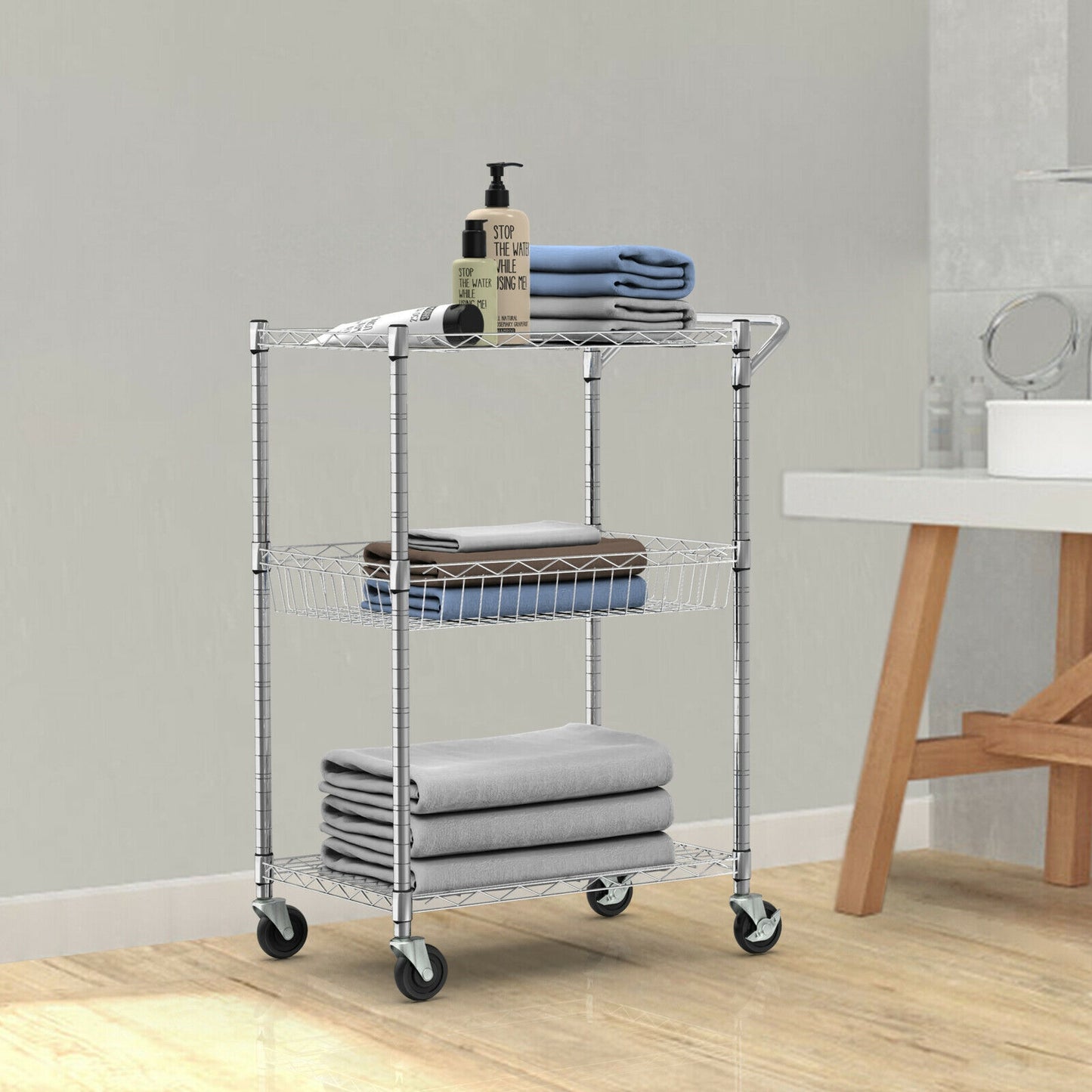 Adjustable 3-Tier Rolling Utility Cart with Handle and Locking Wheels