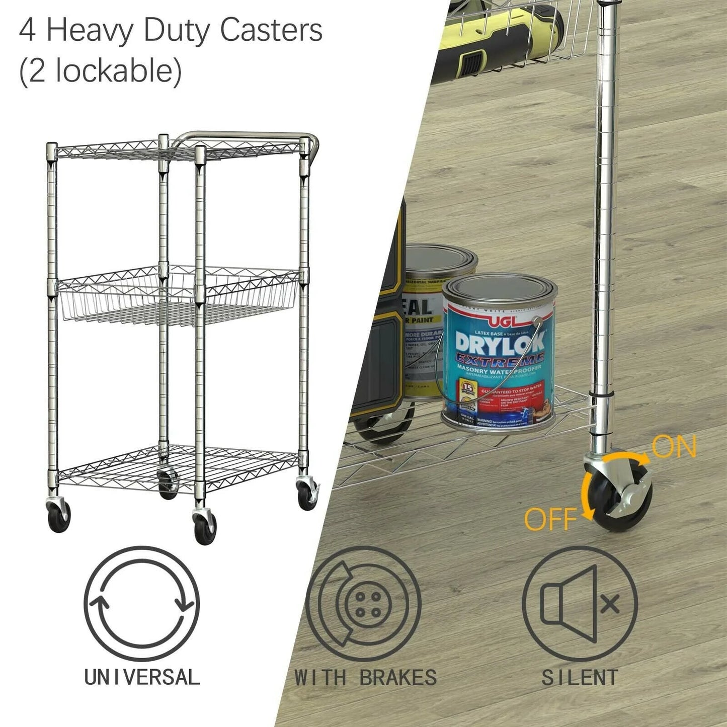 Adjustable 3-Tier Rolling Utility Cart with Handle and Locking Wheels