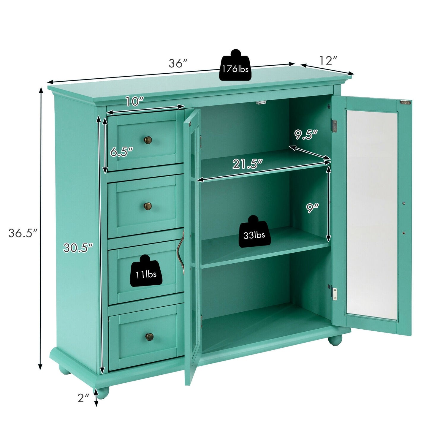 Buffet Sideboard Cabinet with Glass Doors and Storage Drawers for Kitchen or Dining Room - Green