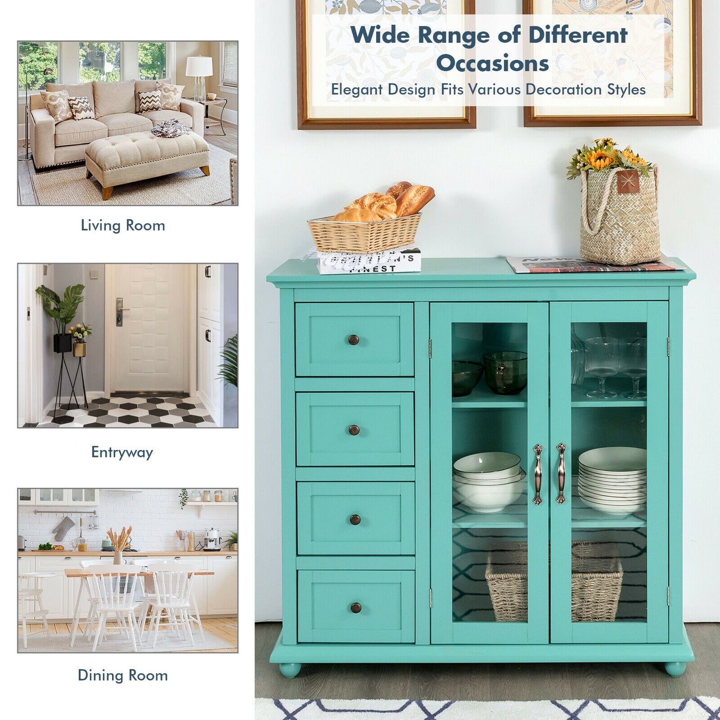 Buffet Sideboard Cabinet with Glass Doors and Storage Drawers for Kitchen or Dining Room - Green