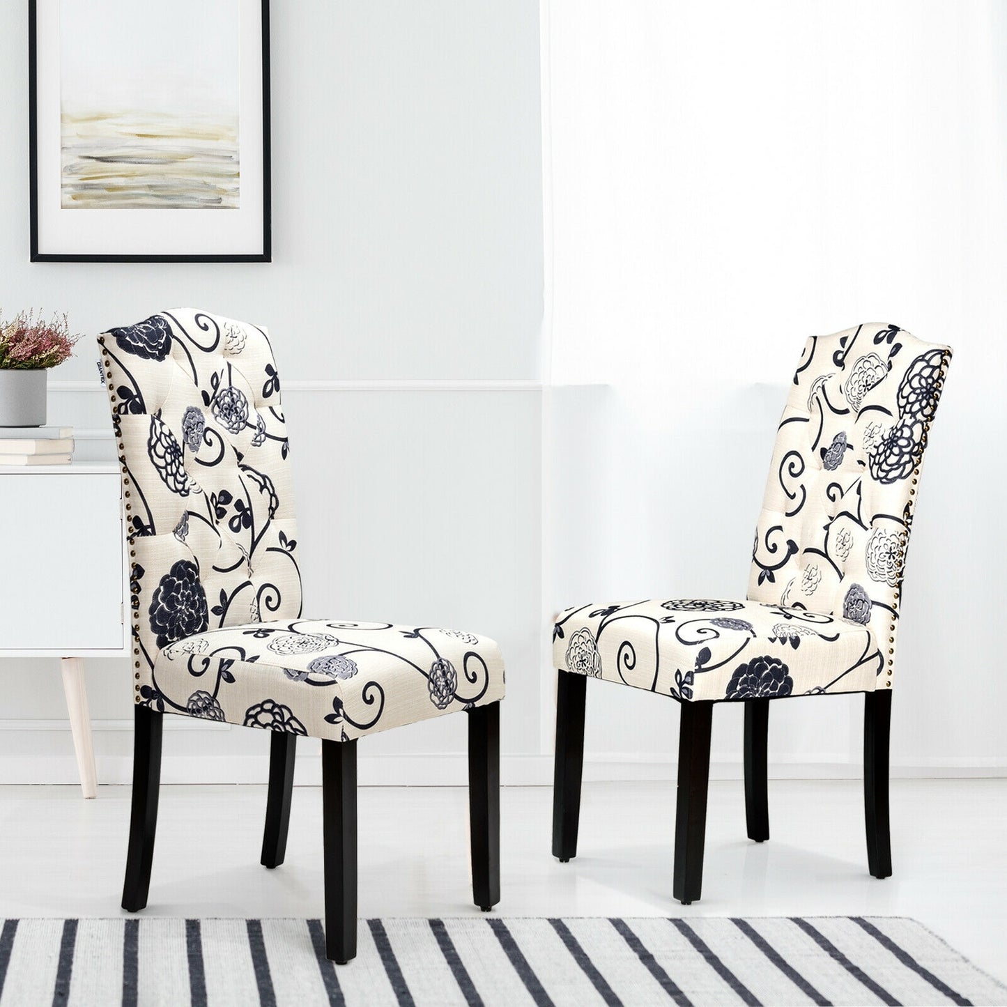 Pair of Tufted Upholstered Dining Chairs, Black and White