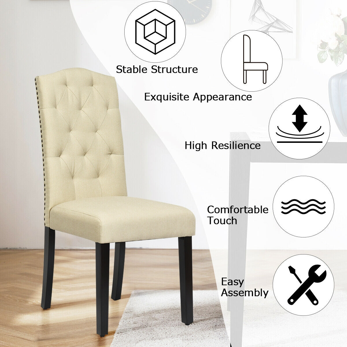 Pair of Tufted Upholstered Dining Chairs, Beige