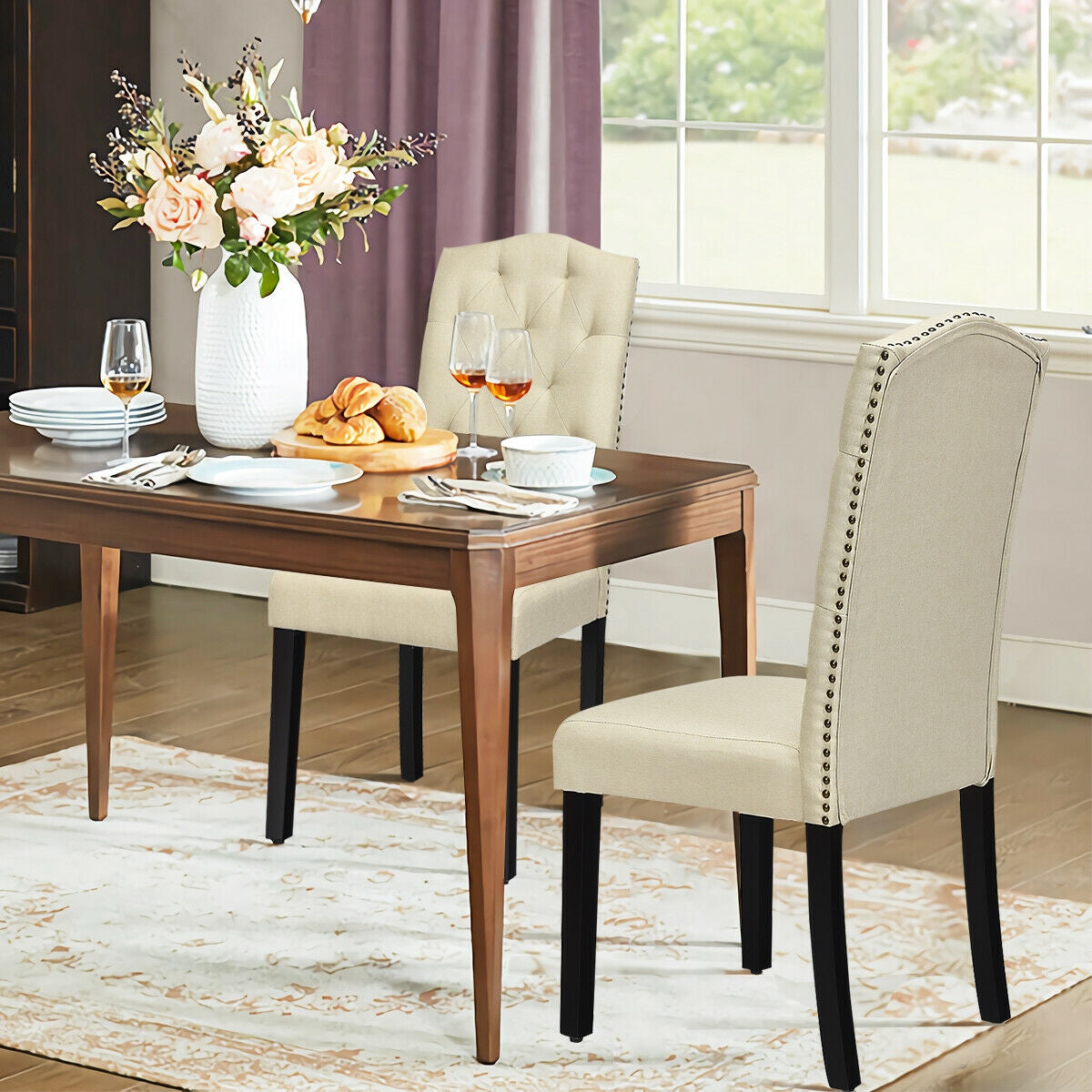 Pair of Tufted Upholstered Dining Chairs, Beige