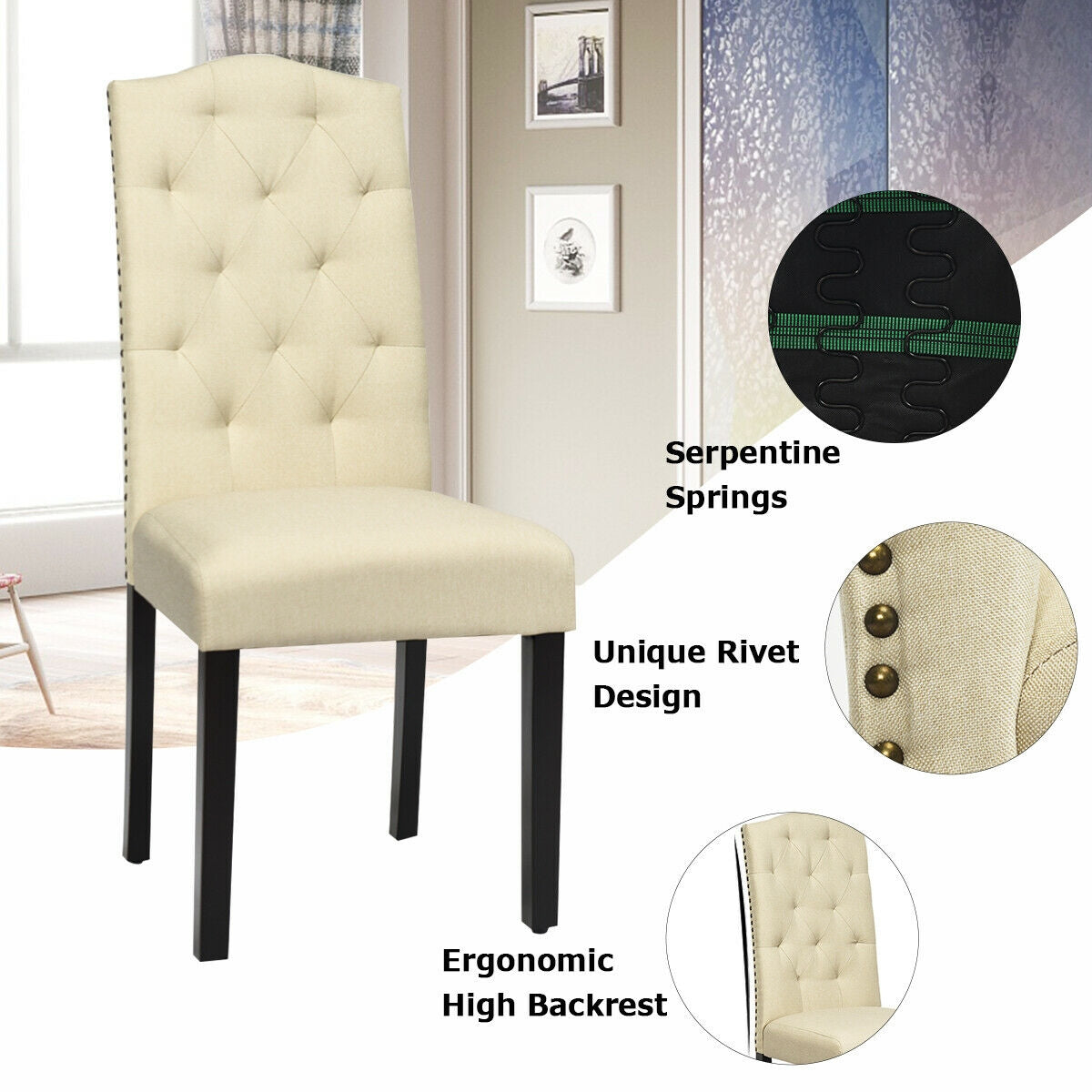 Pair of Tufted Upholstered Dining Chairs, Beige
