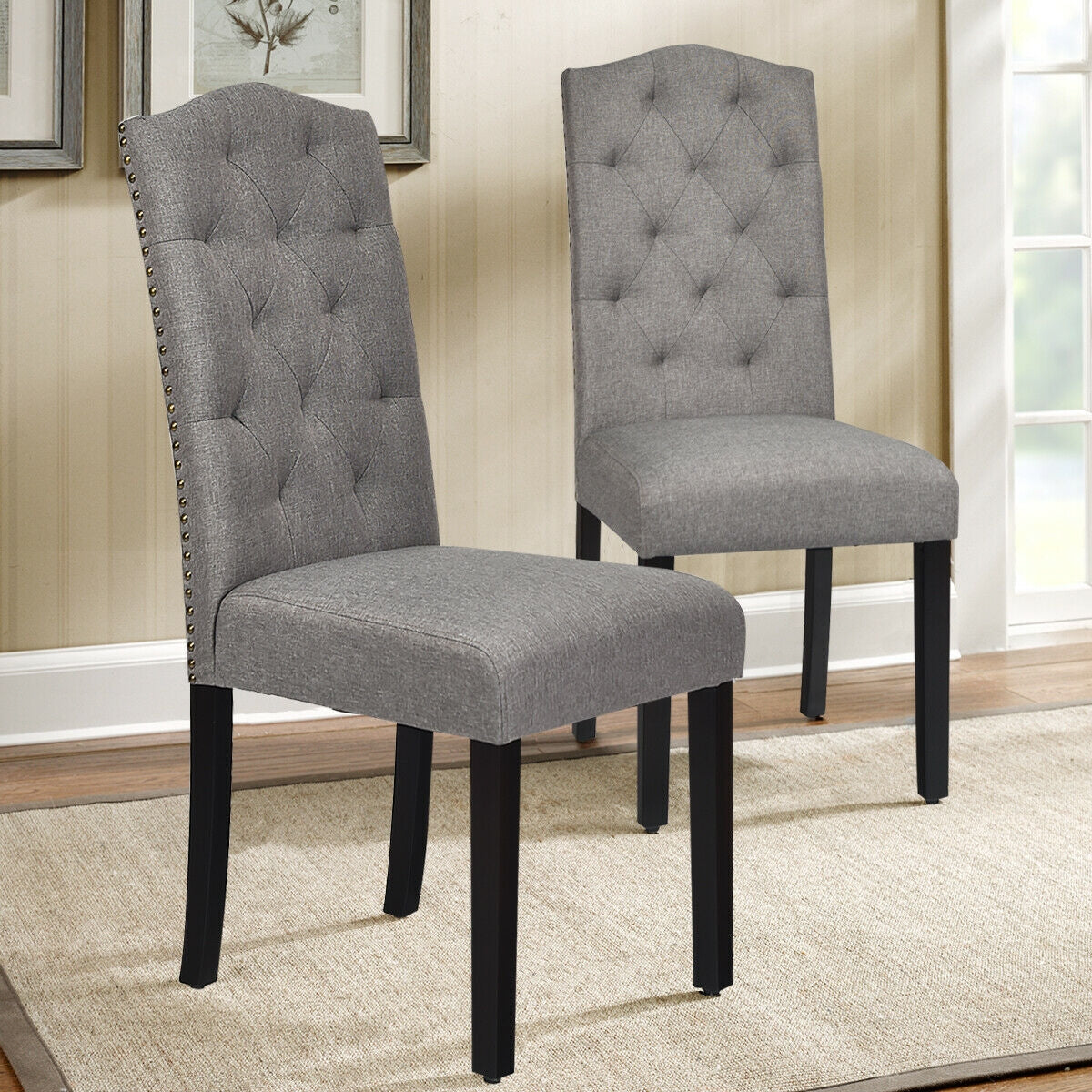 Pair of Tufted Upholstered Dining Chairs, Grey