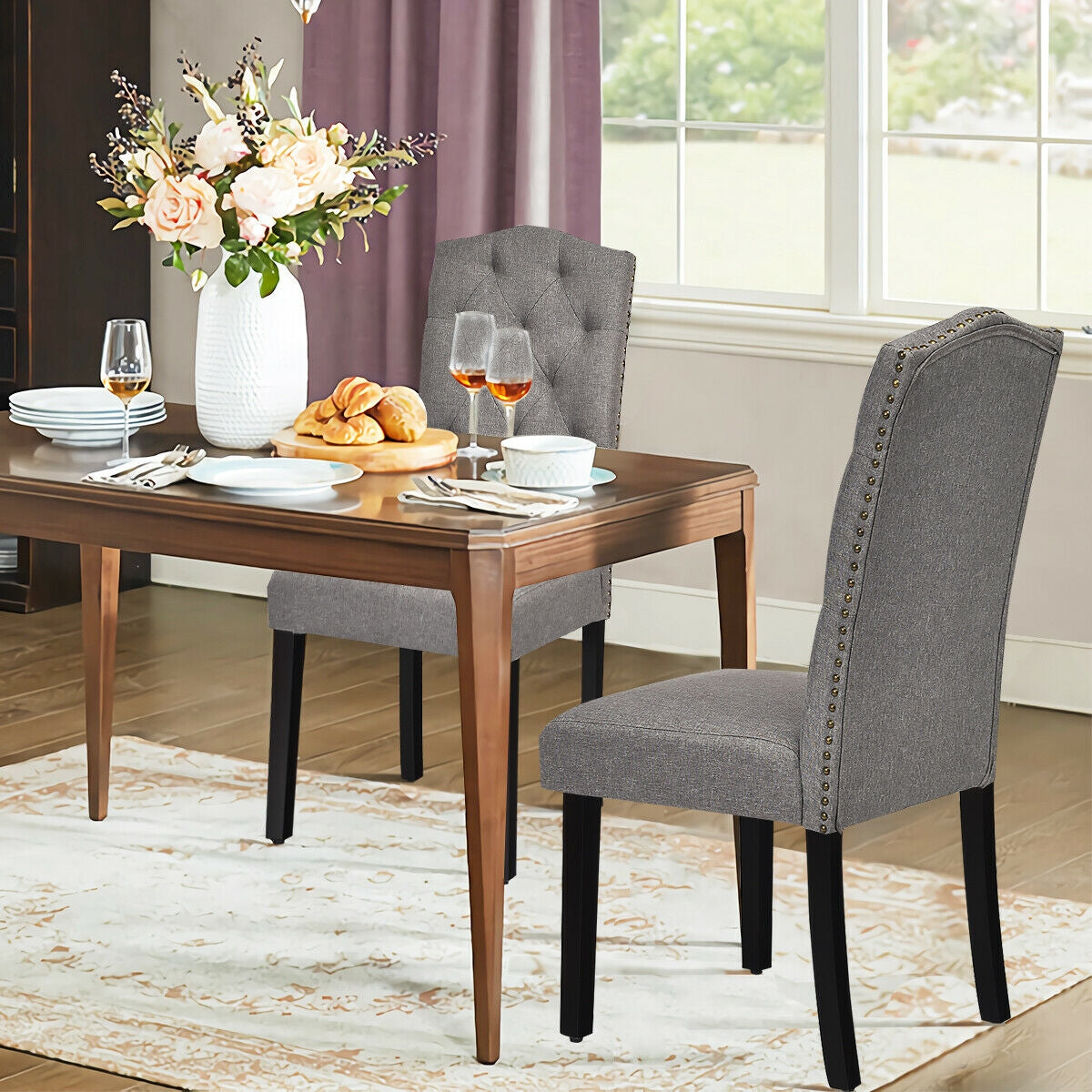 Pair of Tufted Upholstered Dining Chairs, Grey
