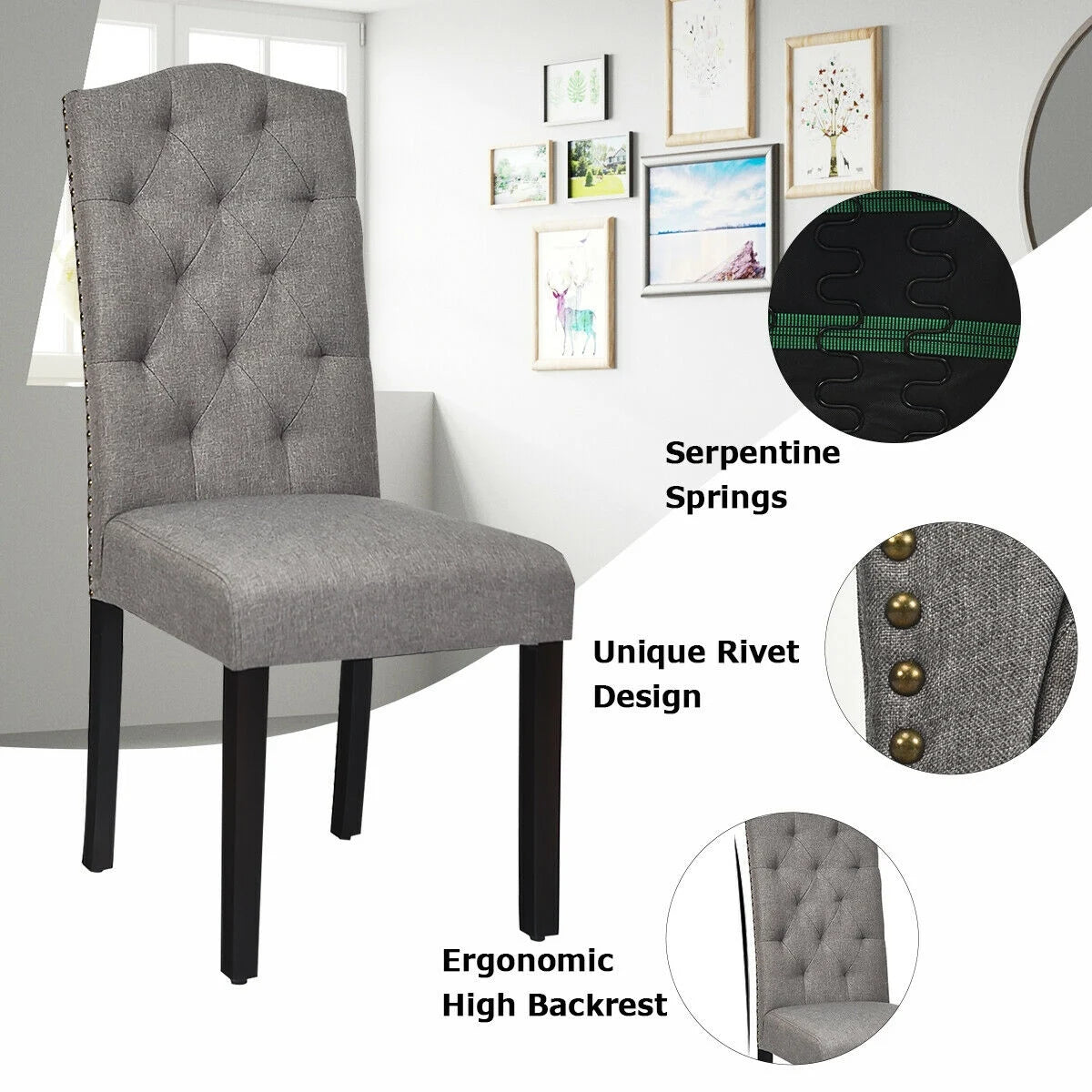 Pair of Tufted Upholstered Dining Chairs, Grey