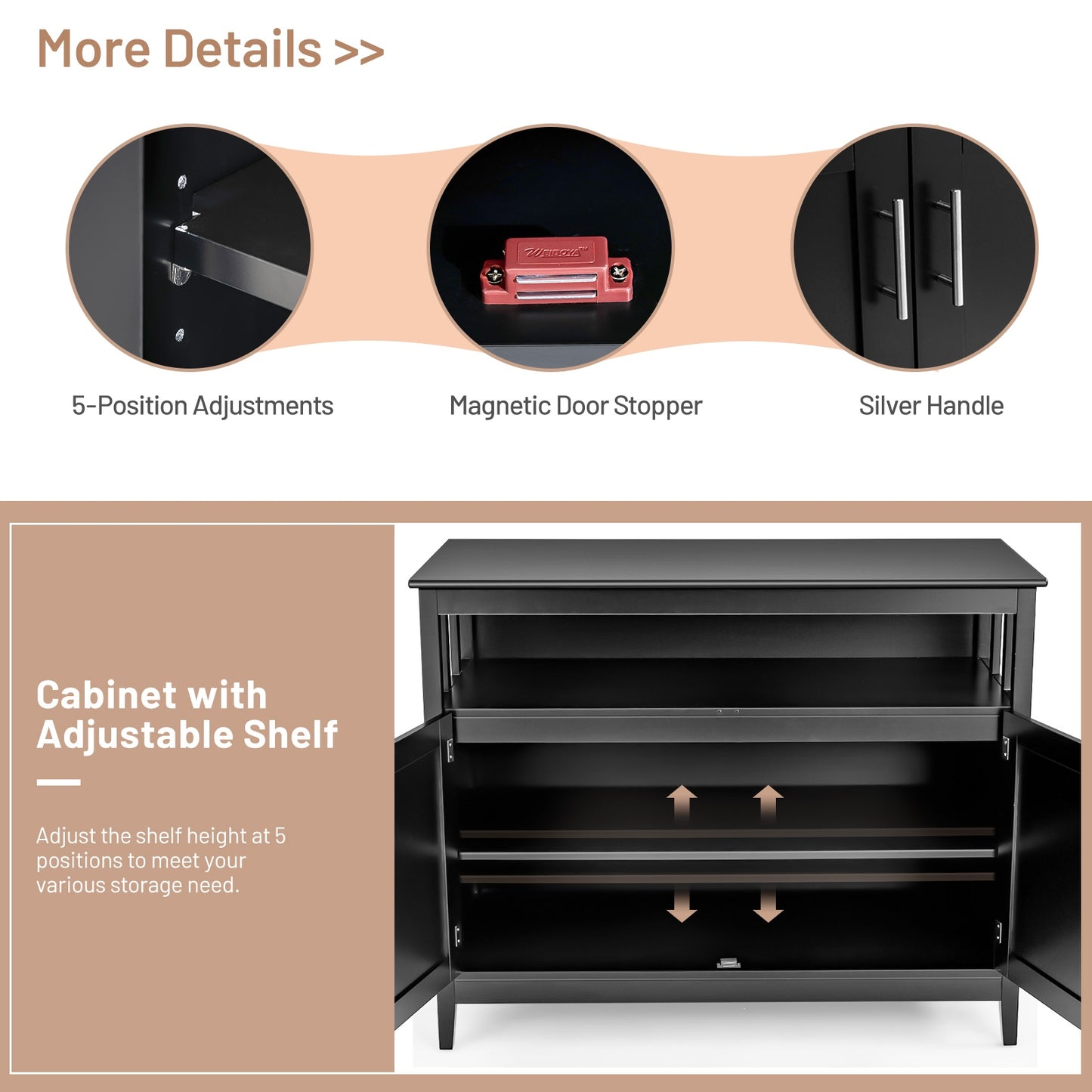 Modern Wooden Kitchen Storage Cabinet with Double Doors and Open Shelf - Black