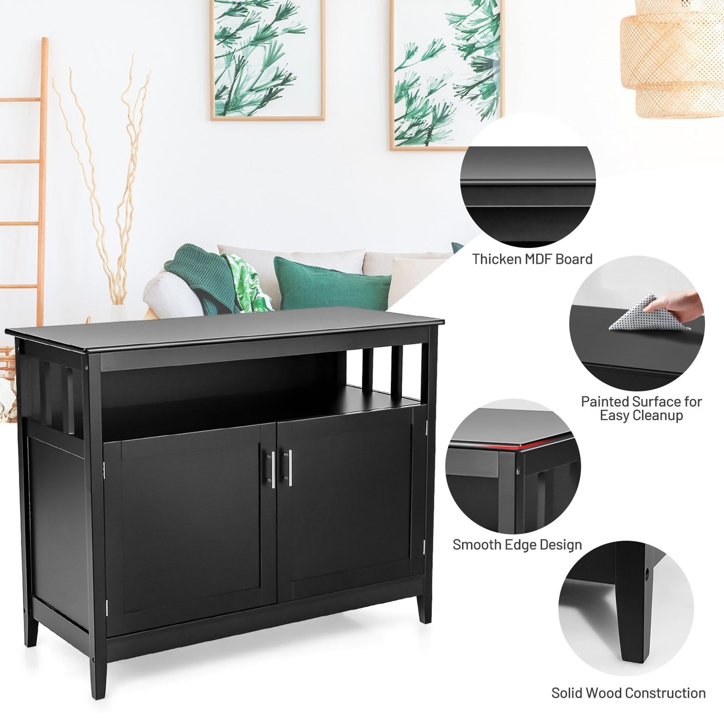 Modern Wooden Kitchen Storage Cabinet with Double Doors and Open Shelf - Black