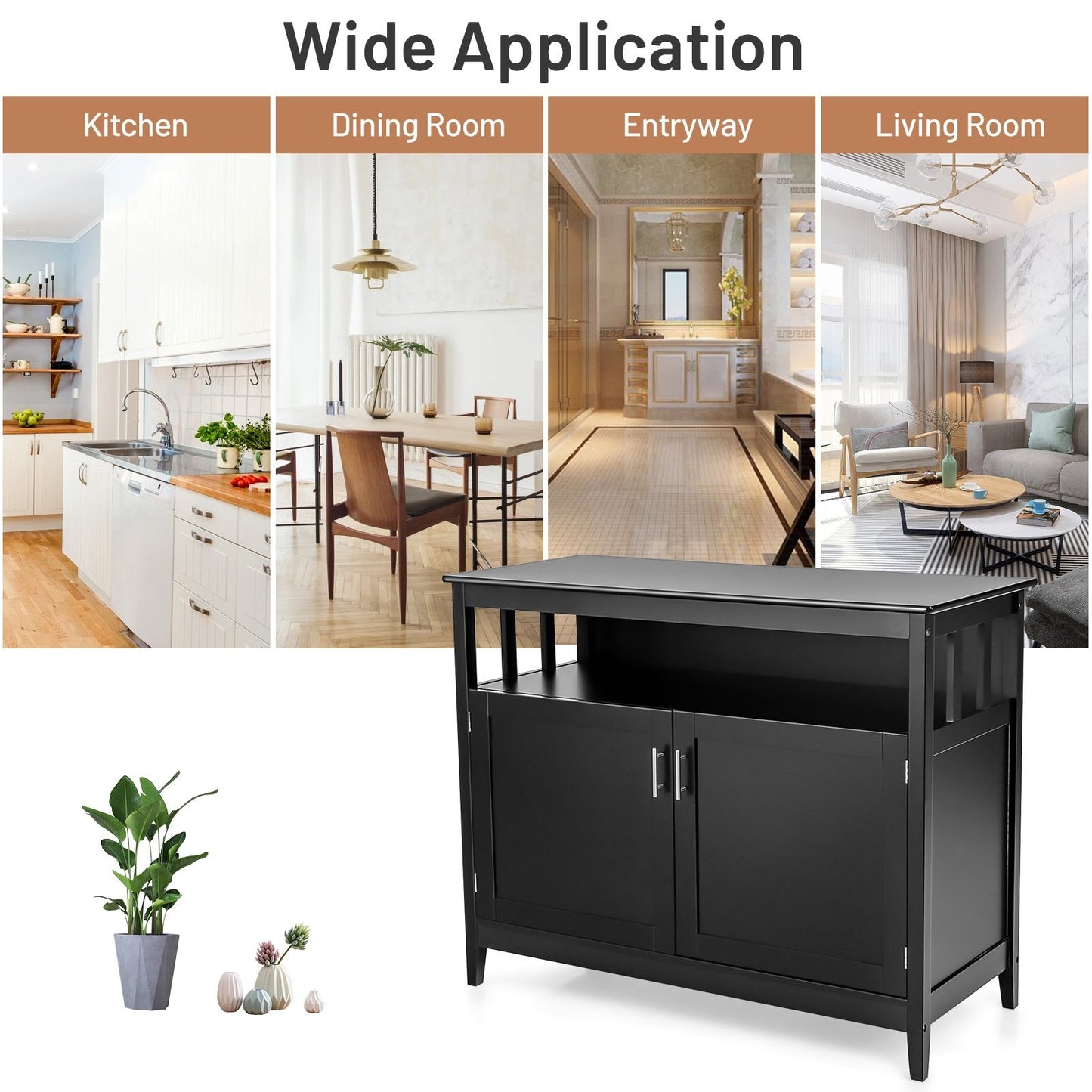 Modern Wooden Kitchen Storage Cabinet with Double Doors and Open Shelf - Black