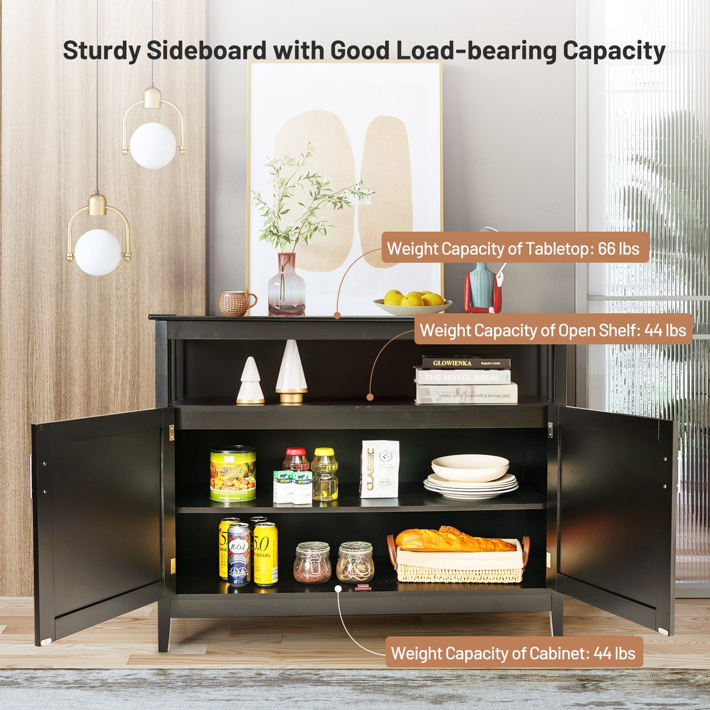 Modern Wooden Kitchen Storage Cabinet with Double Doors and Open Shelf - Black