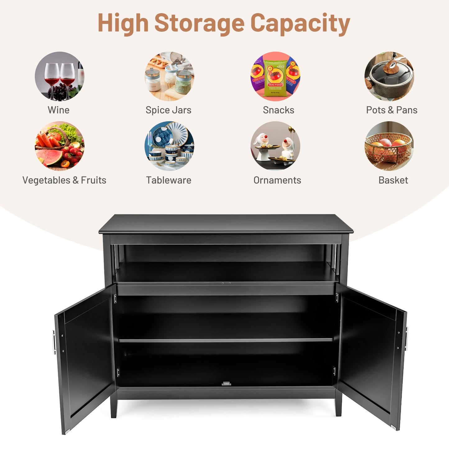 Modern Wooden Kitchen Storage Cabinet with Double Doors and Open Shelf - Black
