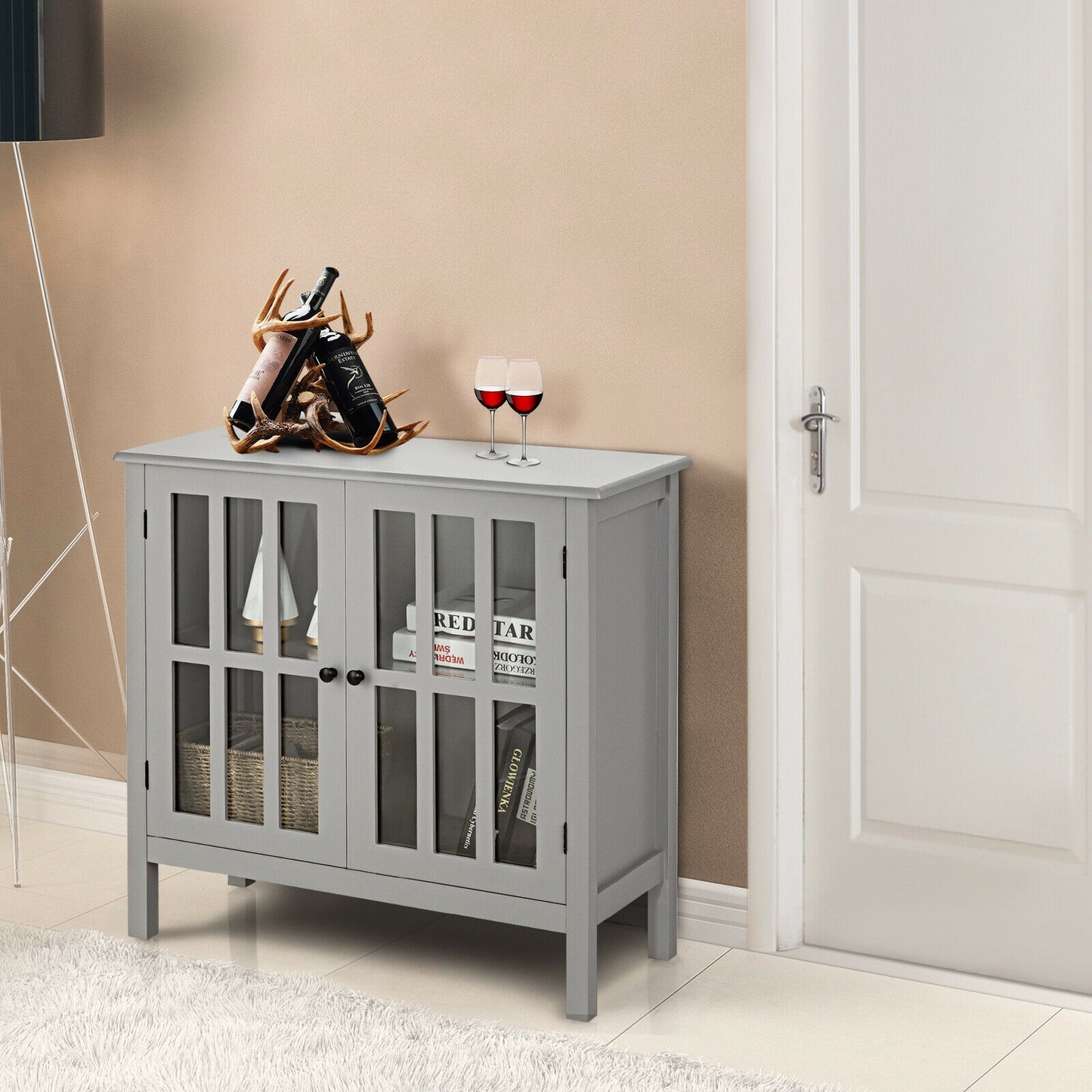 Modern Glass Door Buffet Cabinet with Adjustable Shelves and Storage Drawers - Grey