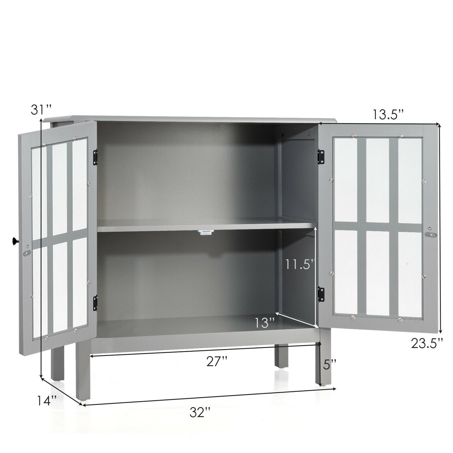 Modern Glass Door Buffet Cabinet with Adjustable Shelves and Storage Drawers - Grey