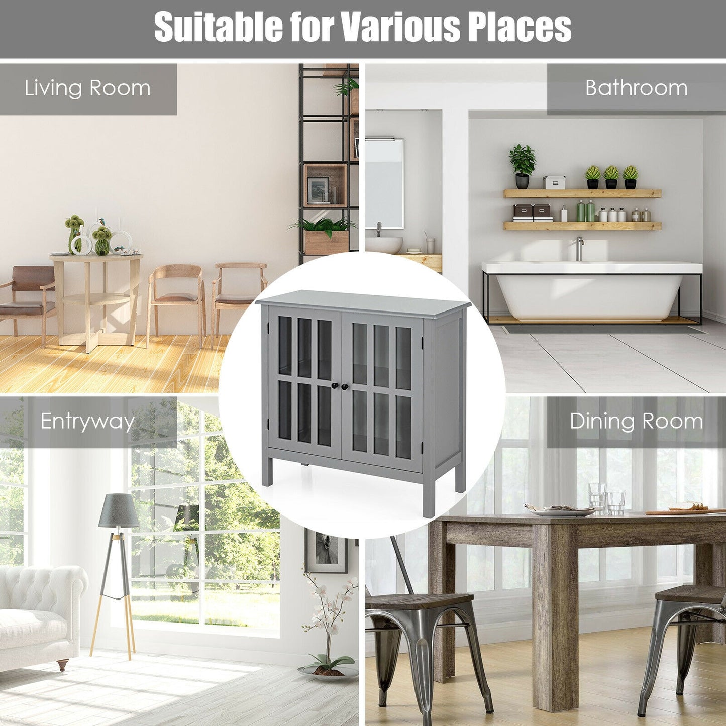 Modern Glass Door Buffet Cabinet with Adjustable Shelves and Storage Drawers - Grey