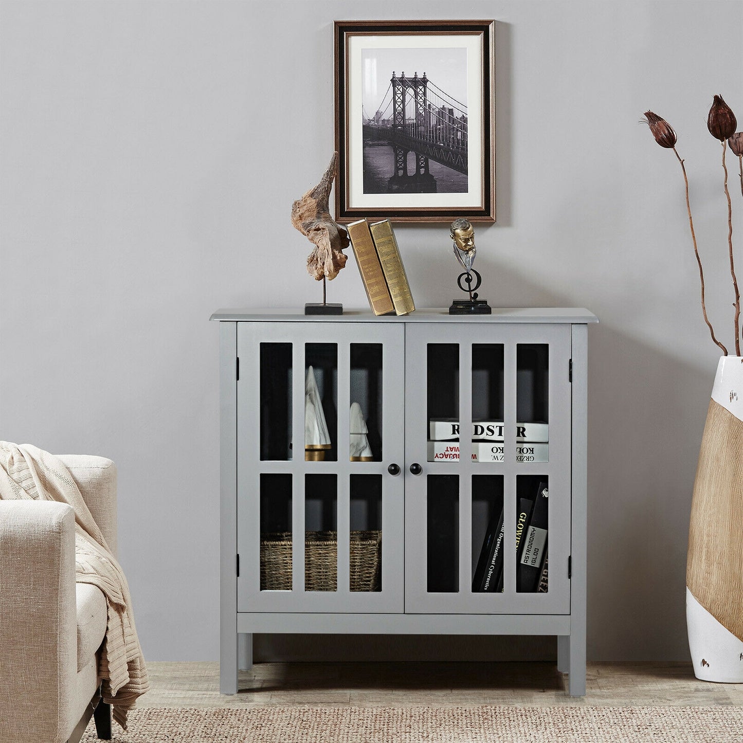 Modern Glass Door Buffet Cabinet with Adjustable Shelves and Storage Drawers - Grey