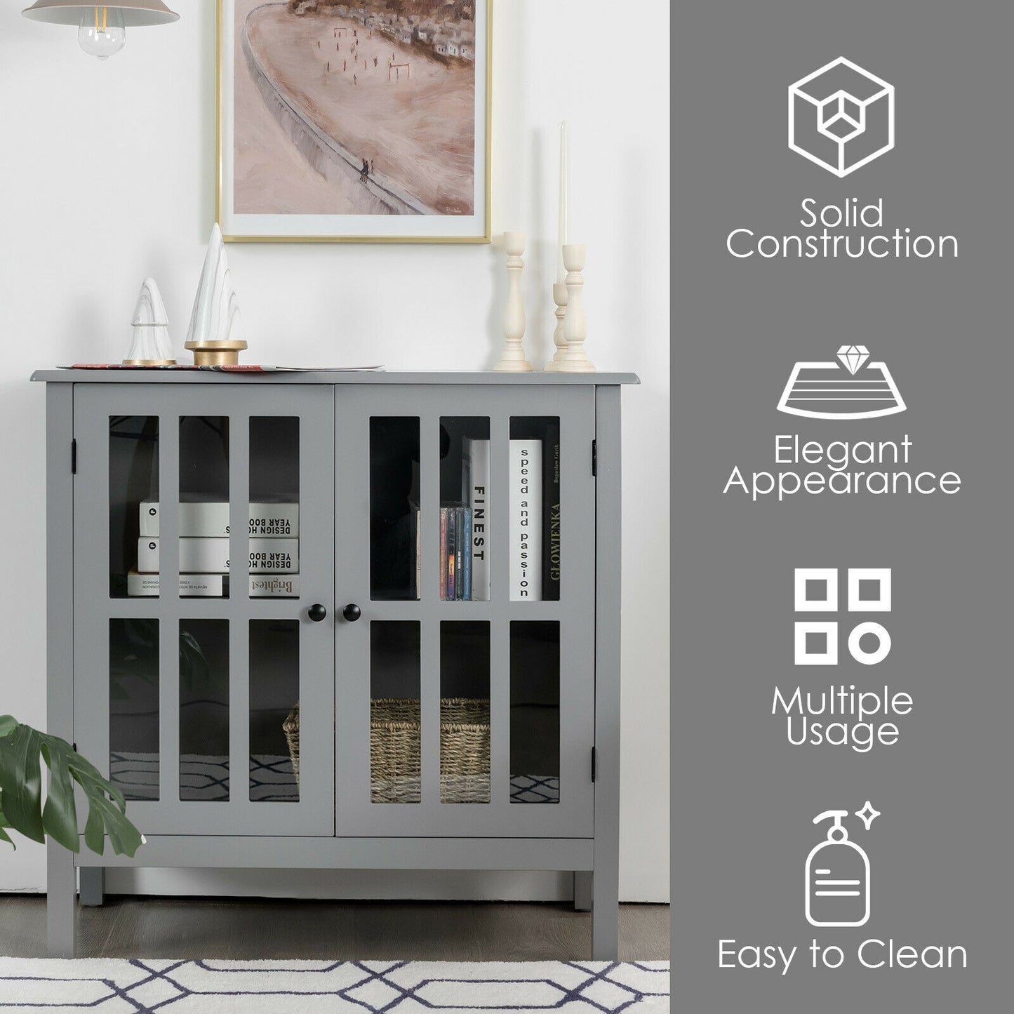 Modern Glass Door Buffet Cabinet with Adjustable Shelves and Storage Drawers - Grey