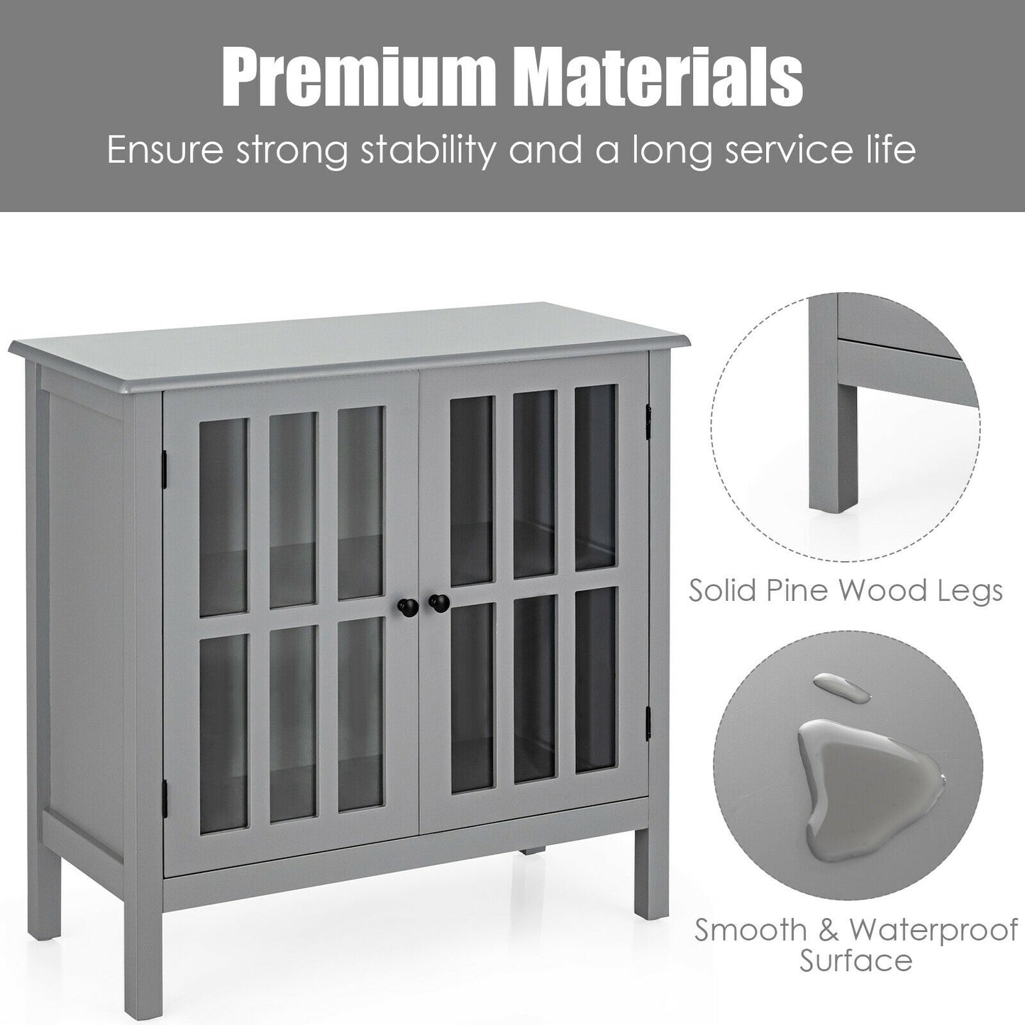 Modern Glass Door Buffet Cabinet with Adjustable Shelves and Storage Drawers - Grey