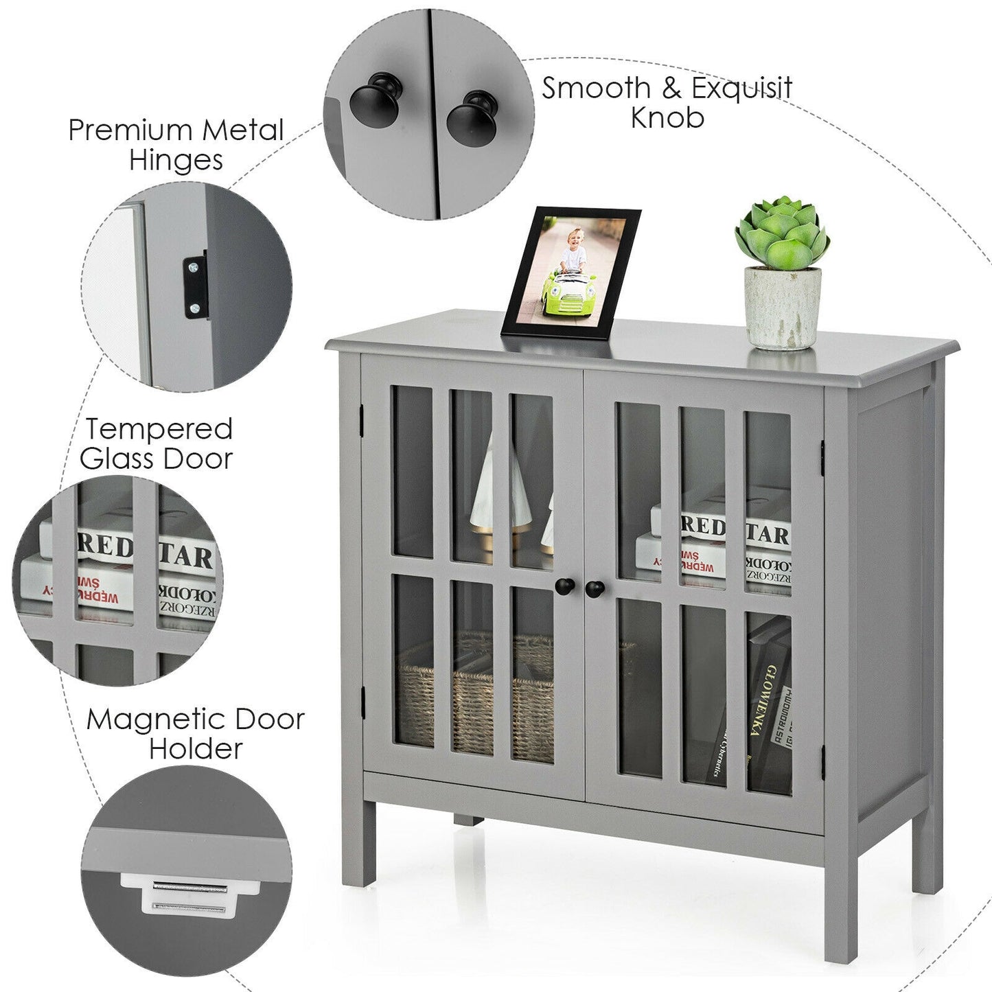 Modern Glass Door Buffet Cabinet with Adjustable Shelves and Storage Drawers - Grey