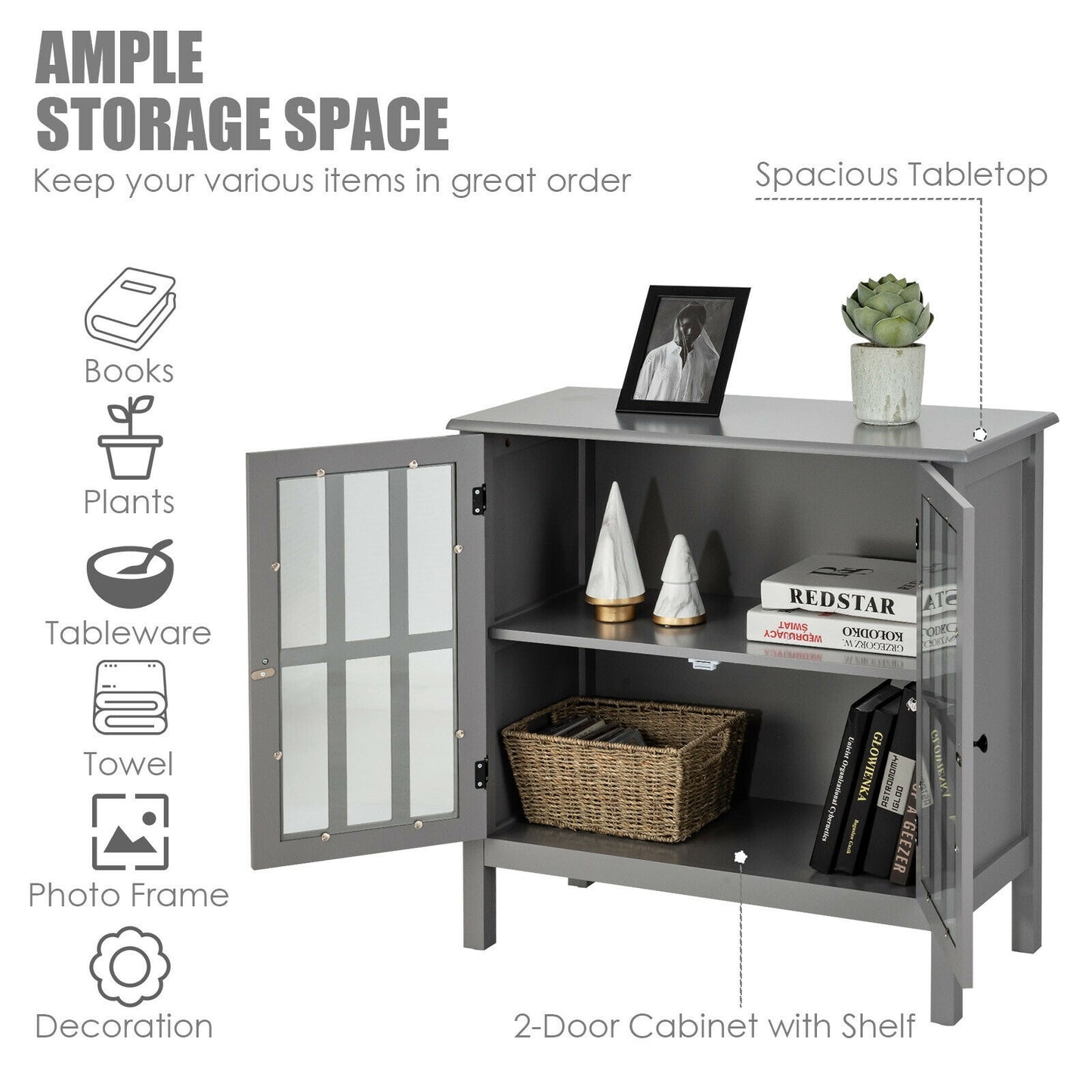 Modern Glass Door Buffet Cabinet with Adjustable Shelves and Storage Drawers - Grey
