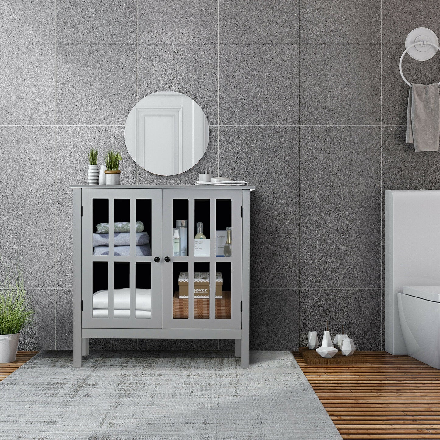 Modern Glass Door Buffet Cabinet with Adjustable Shelves and Storage Drawers - Grey