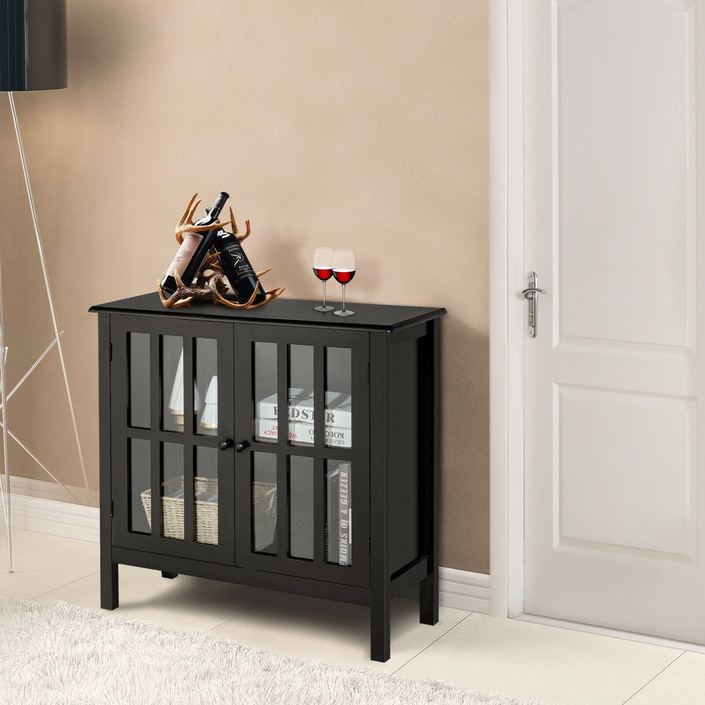 Modern Glass Door Buffet Cabinet with Adjustable Shelves and Storage Drawers - Black