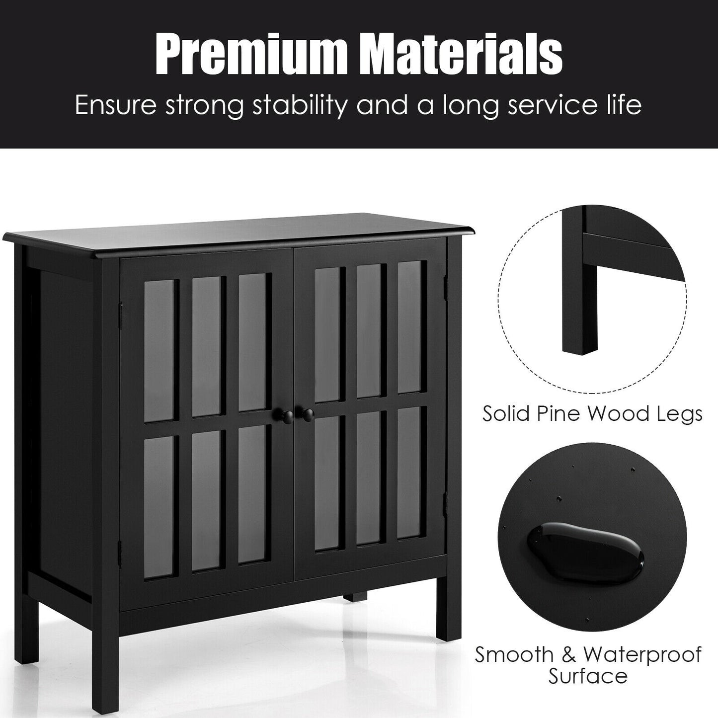 Modern Glass Door Buffet Cabinet with Adjustable Shelves and Storage Drawers - Black