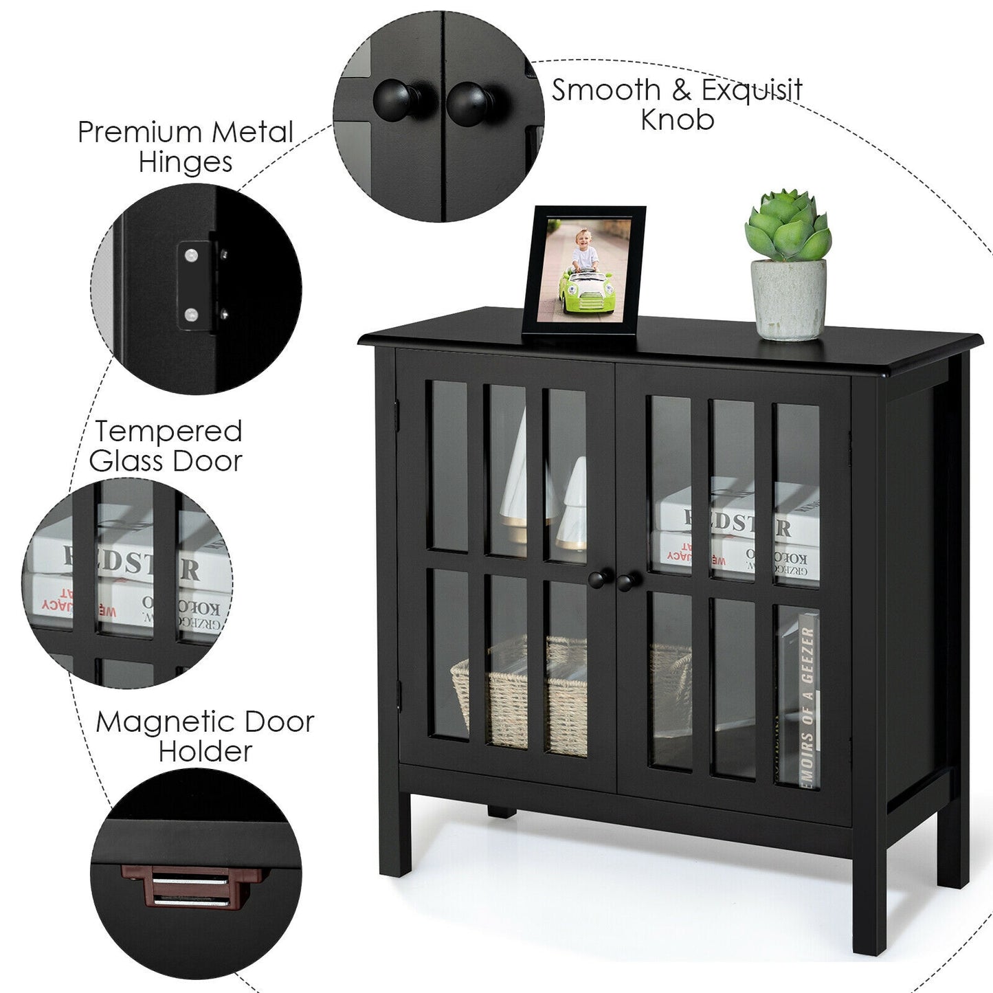 Modern Glass Door Buffet Cabinet with Adjustable Shelves and Storage Drawers - Black