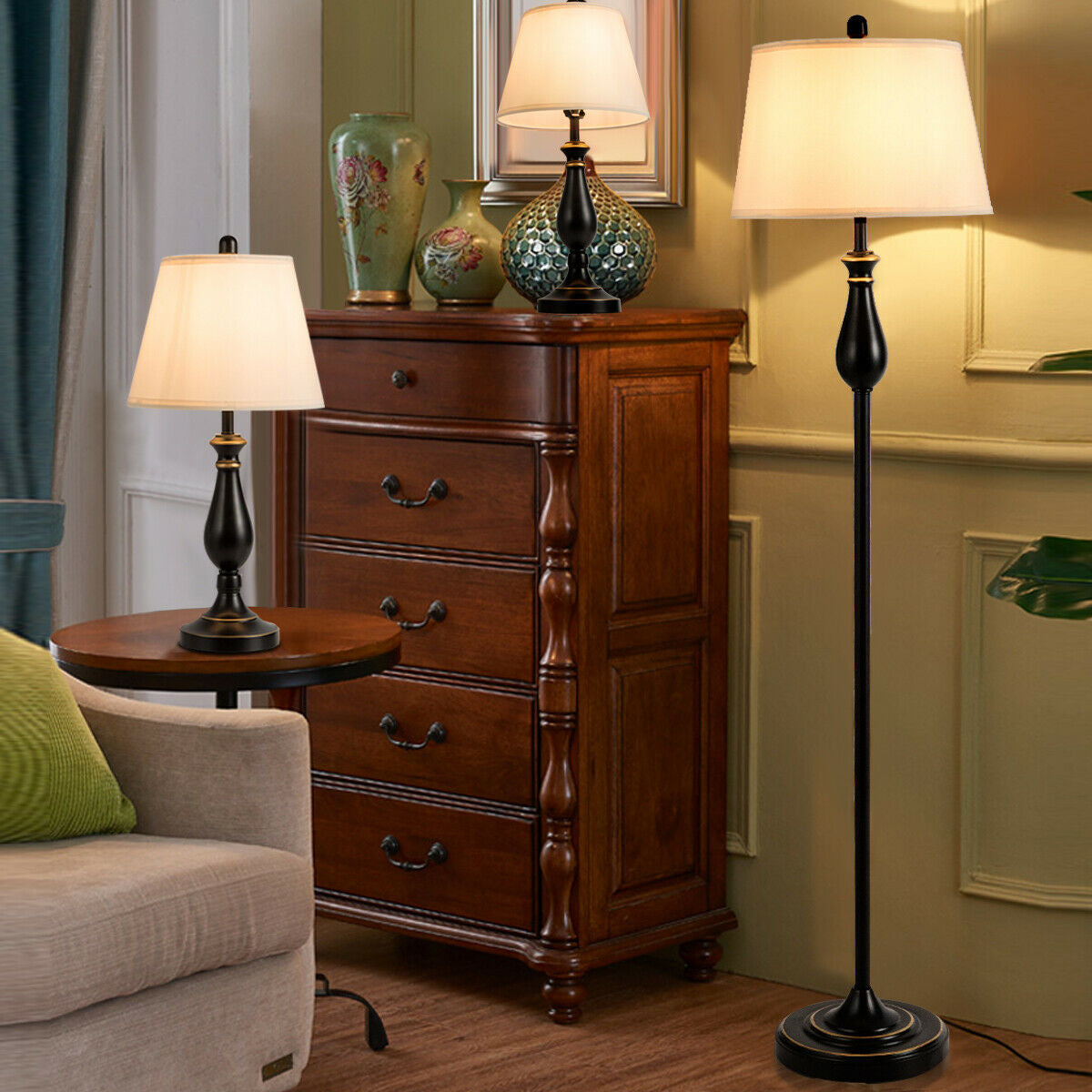 Elegant 3 Piece Brushed Nickel Lamp Set with White Fabric Shades - Black